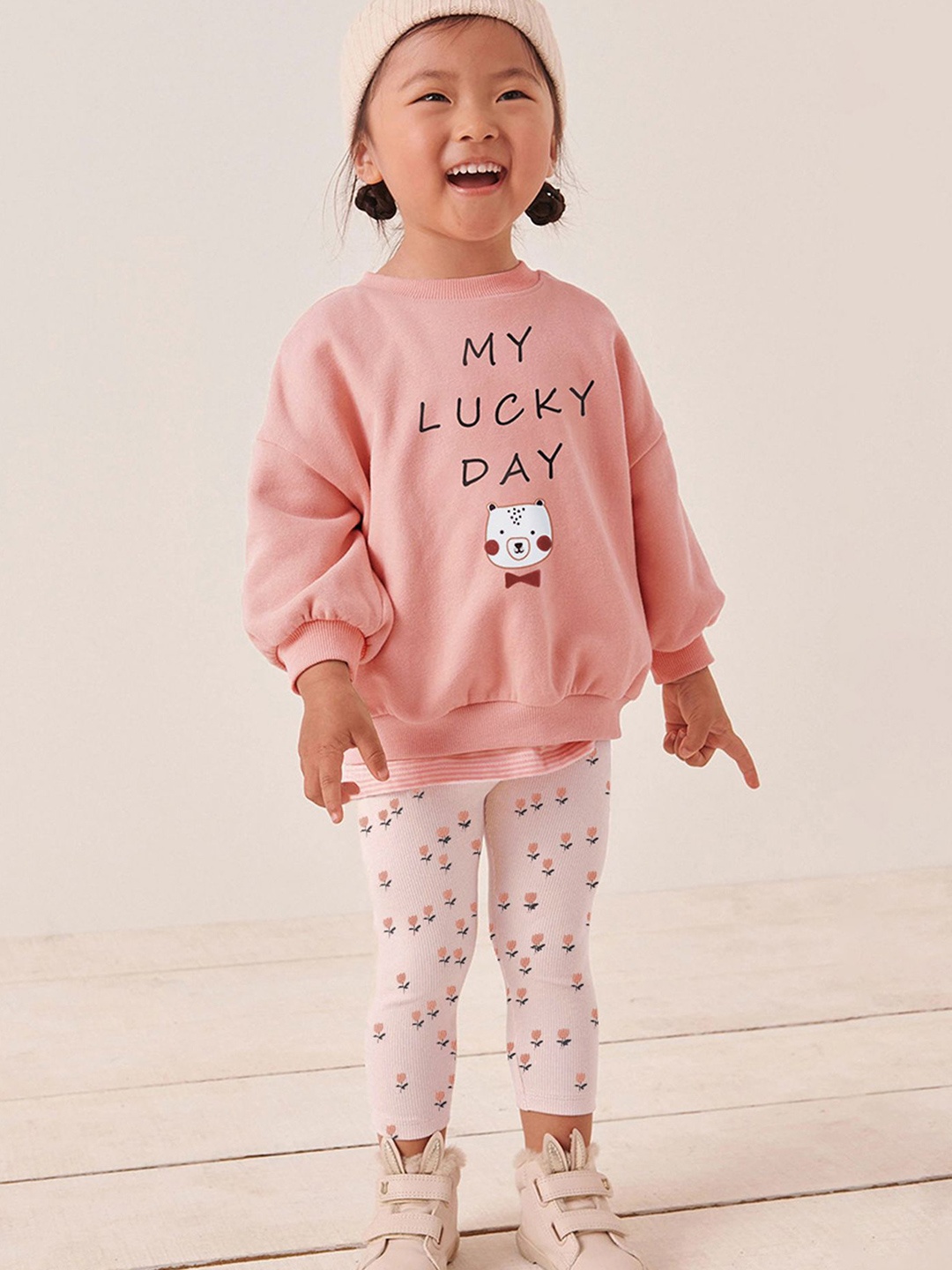 

LULU & SKY Girls Printed Pure Cotton Sweatshirt & Leggings Night Suit, Pink
