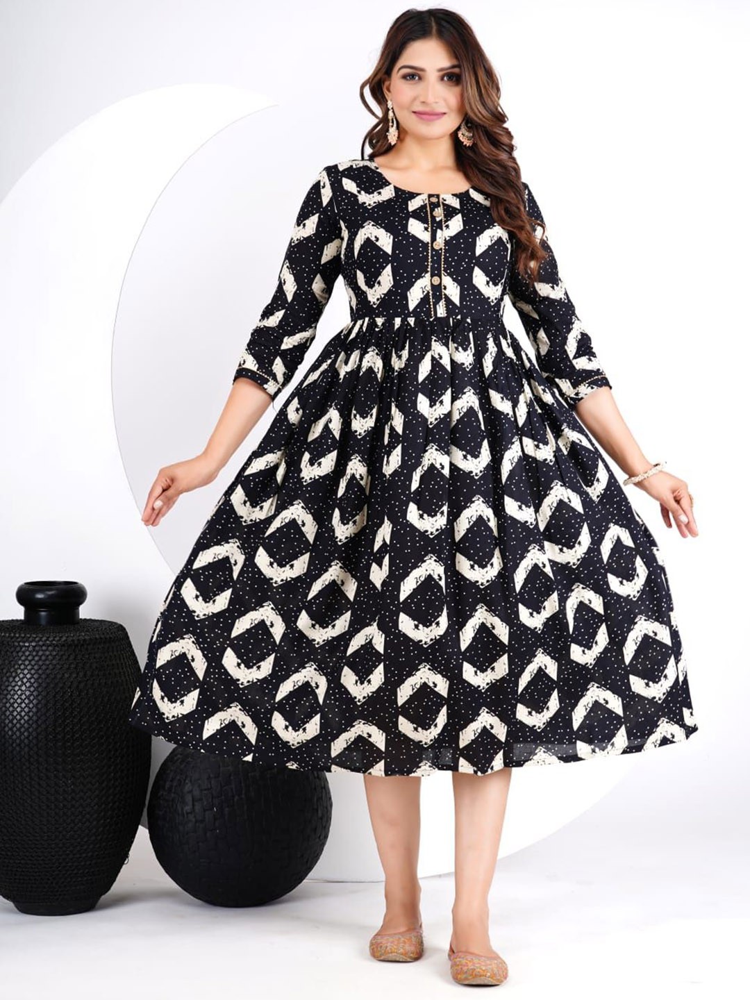 

JALTHER Women Geometric Printed Round Neck Maternity Ethnic Dress, Black