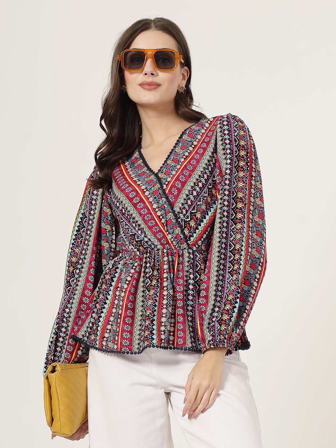 

Style Quotient Geometric Print Bishop Sleeves Lace Top, Multi