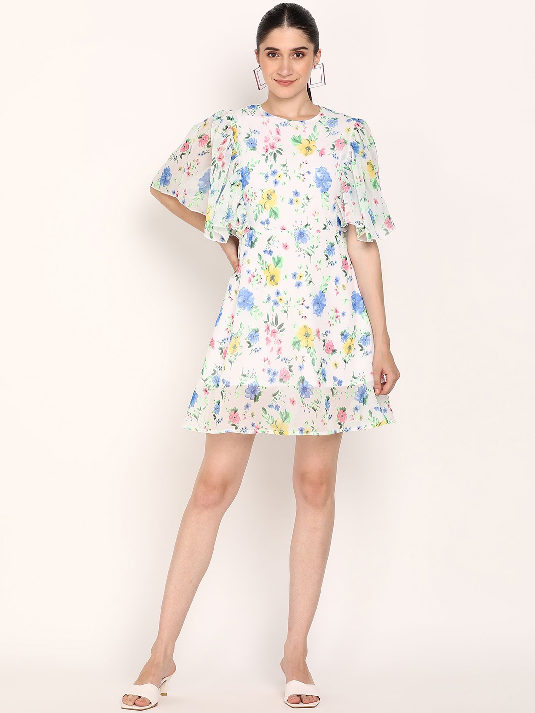 

DODO & MOA Floral Print Flared Sleeve Georgette A-Line Dress, White