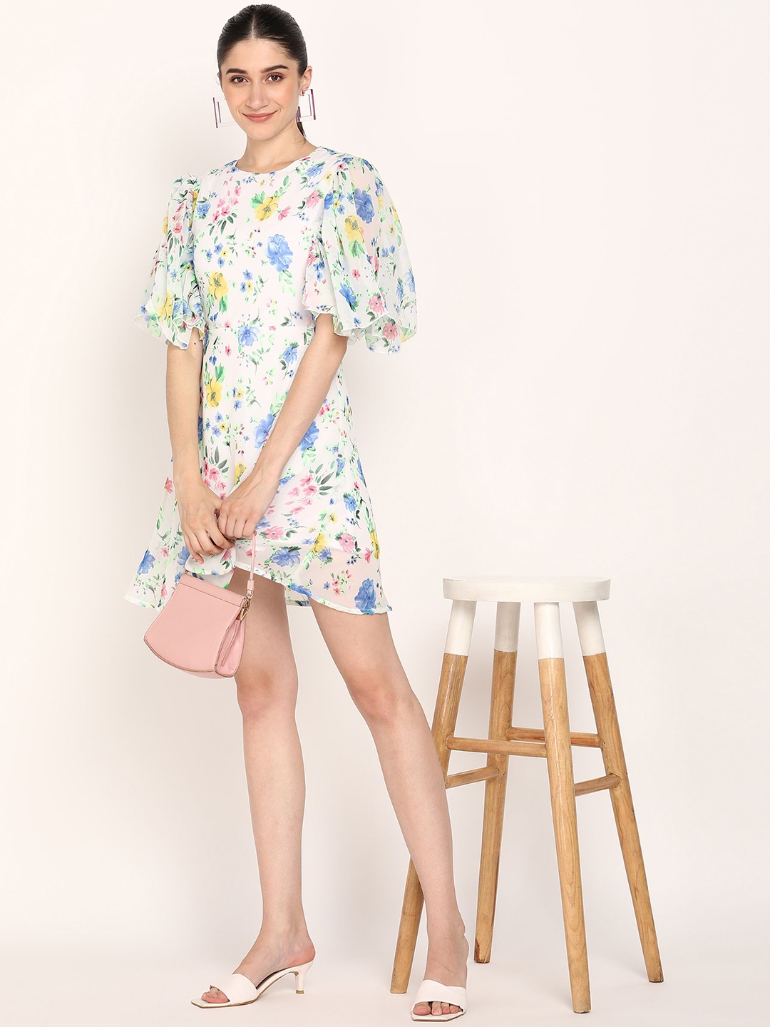 

DODO & MOA Floral Print Flared Sleeve Georgette A-Line Dress, White