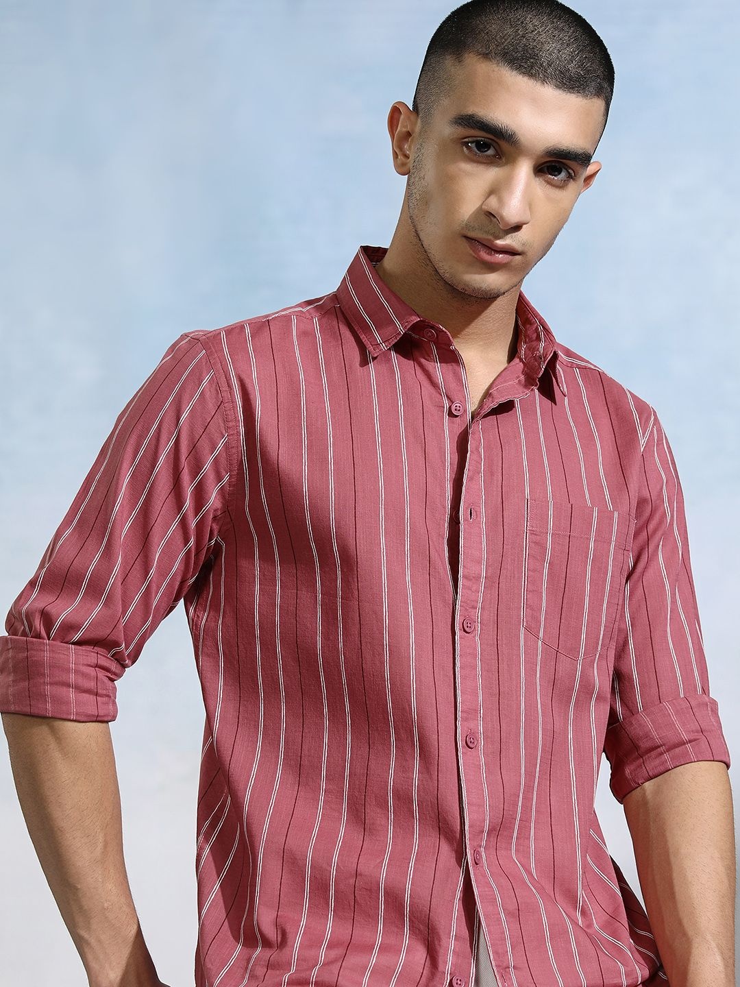 

HIGHLANDER Men Opaque Striped Casual Shirt, Red