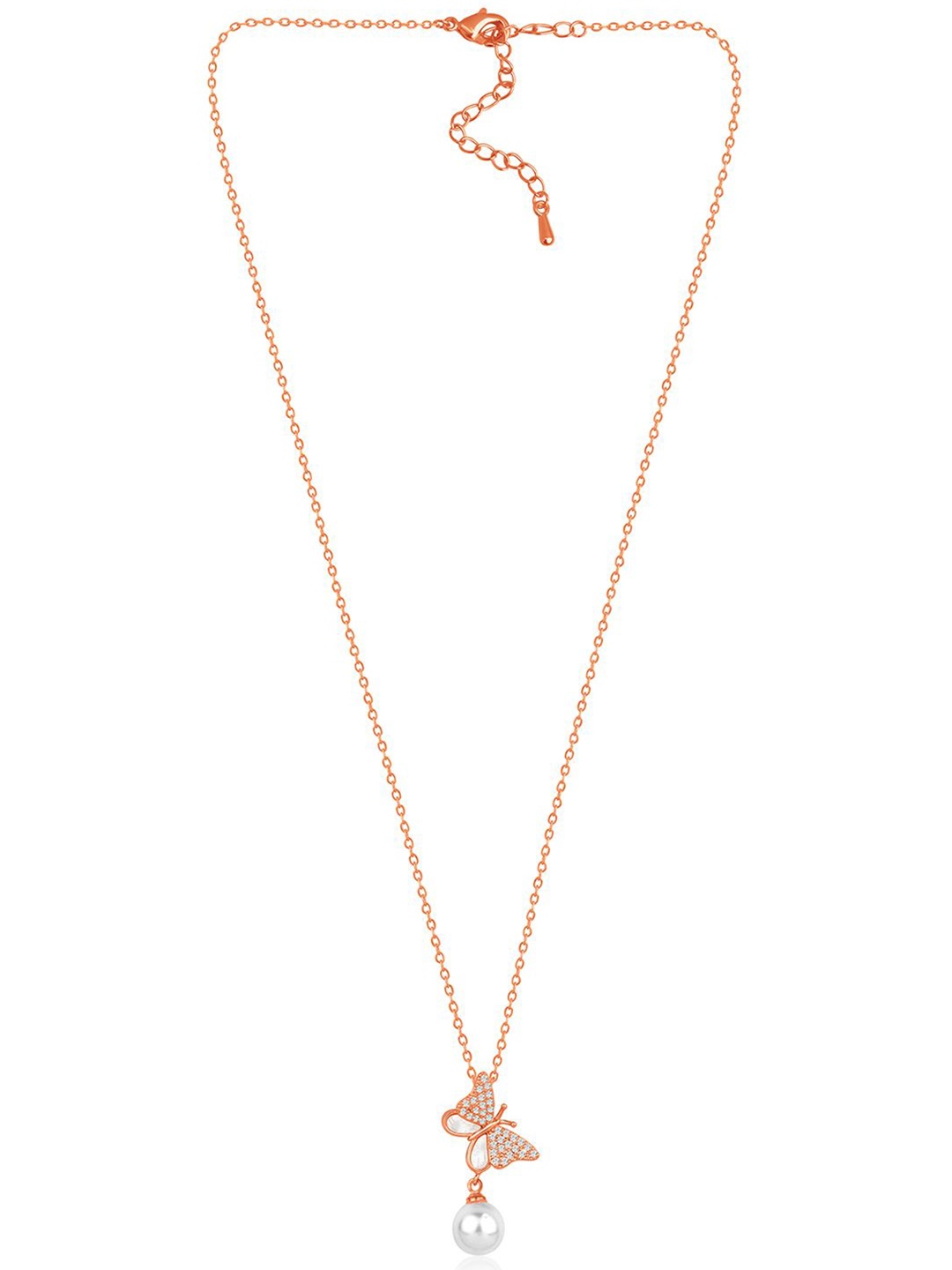 

Peora Rose Gold-Plated CZ -Studded & Pearls Beaded Butterfly Shaped Pendant With Chain