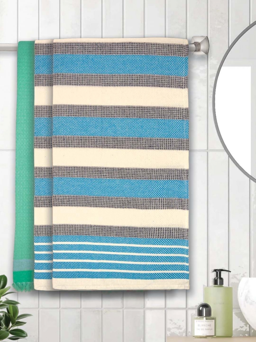 

Athom Living Blue & Green 3 Pieces Striped Cotton 210 GSM Bath Towel