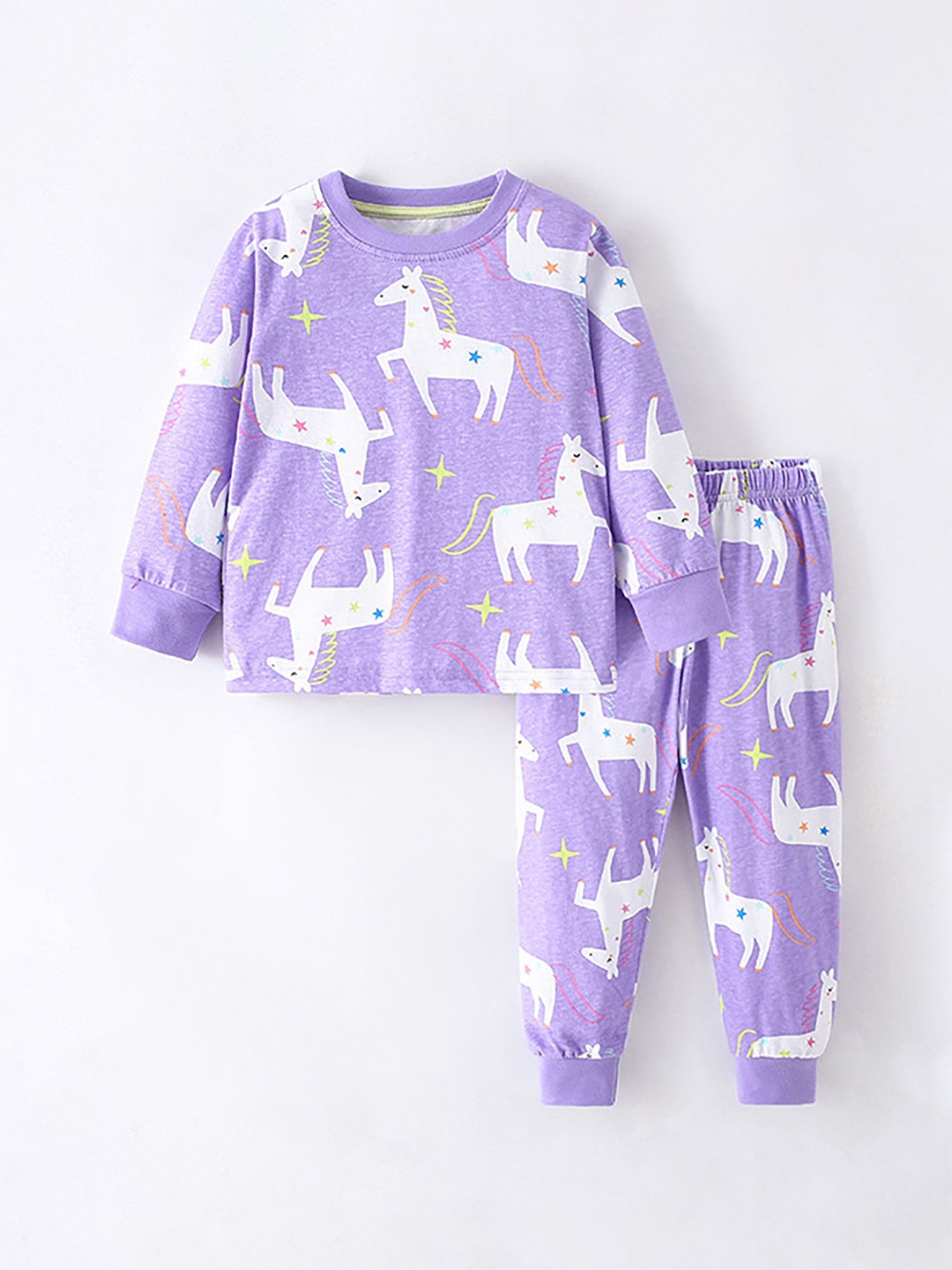 

LULU & SKY Girls Printed Pure Cotton Night suit, Purple