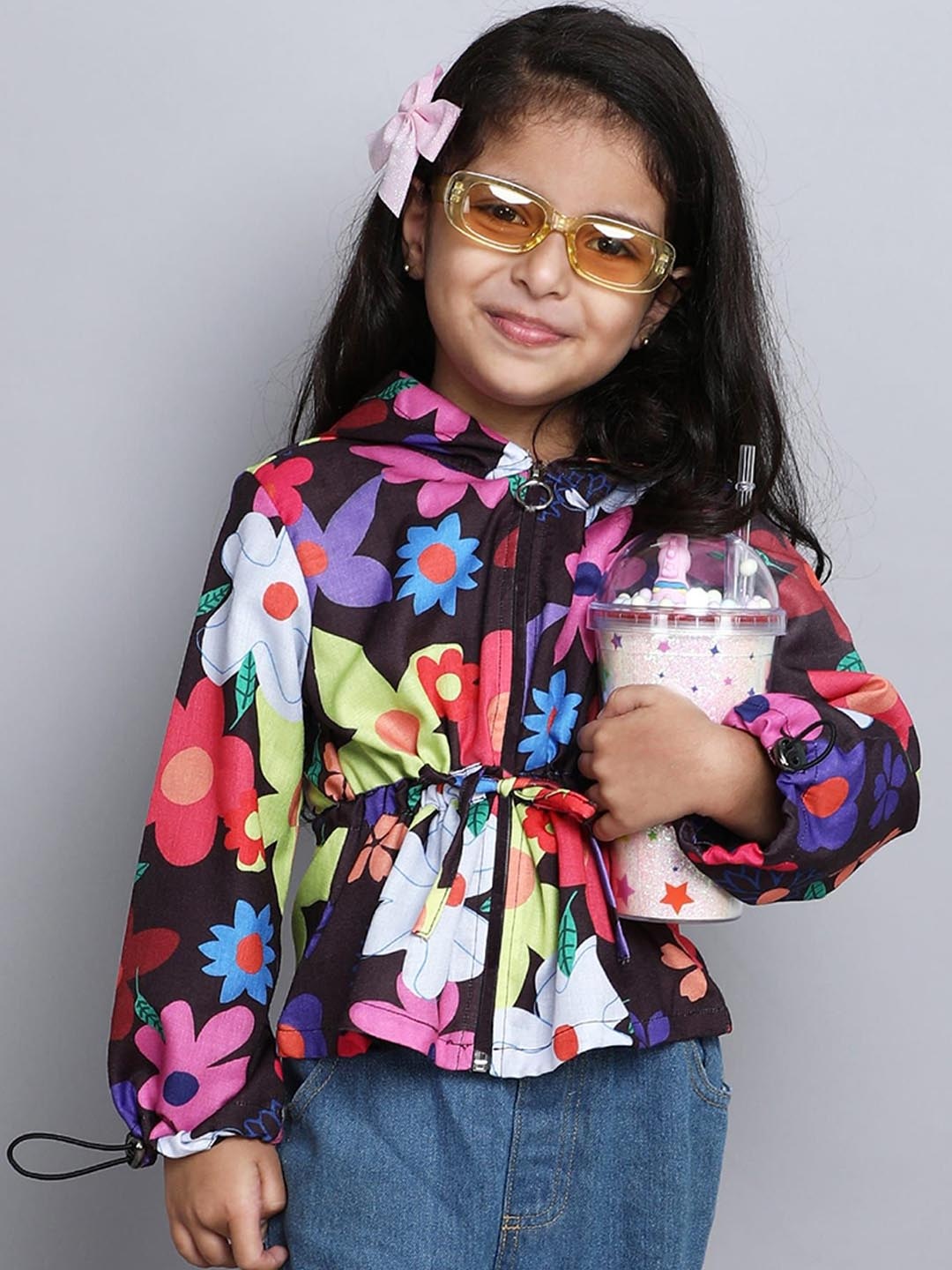 

taffykids Girls Floral Polyester Crop Open Front Jacket with Embroidered, Multi