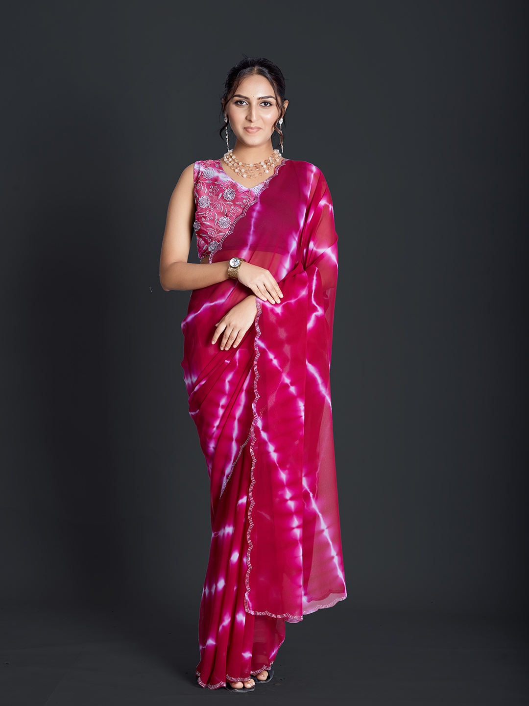 

A.V.M Prints Tie and Dye Embelished Beads and Stones Saree, Magenta