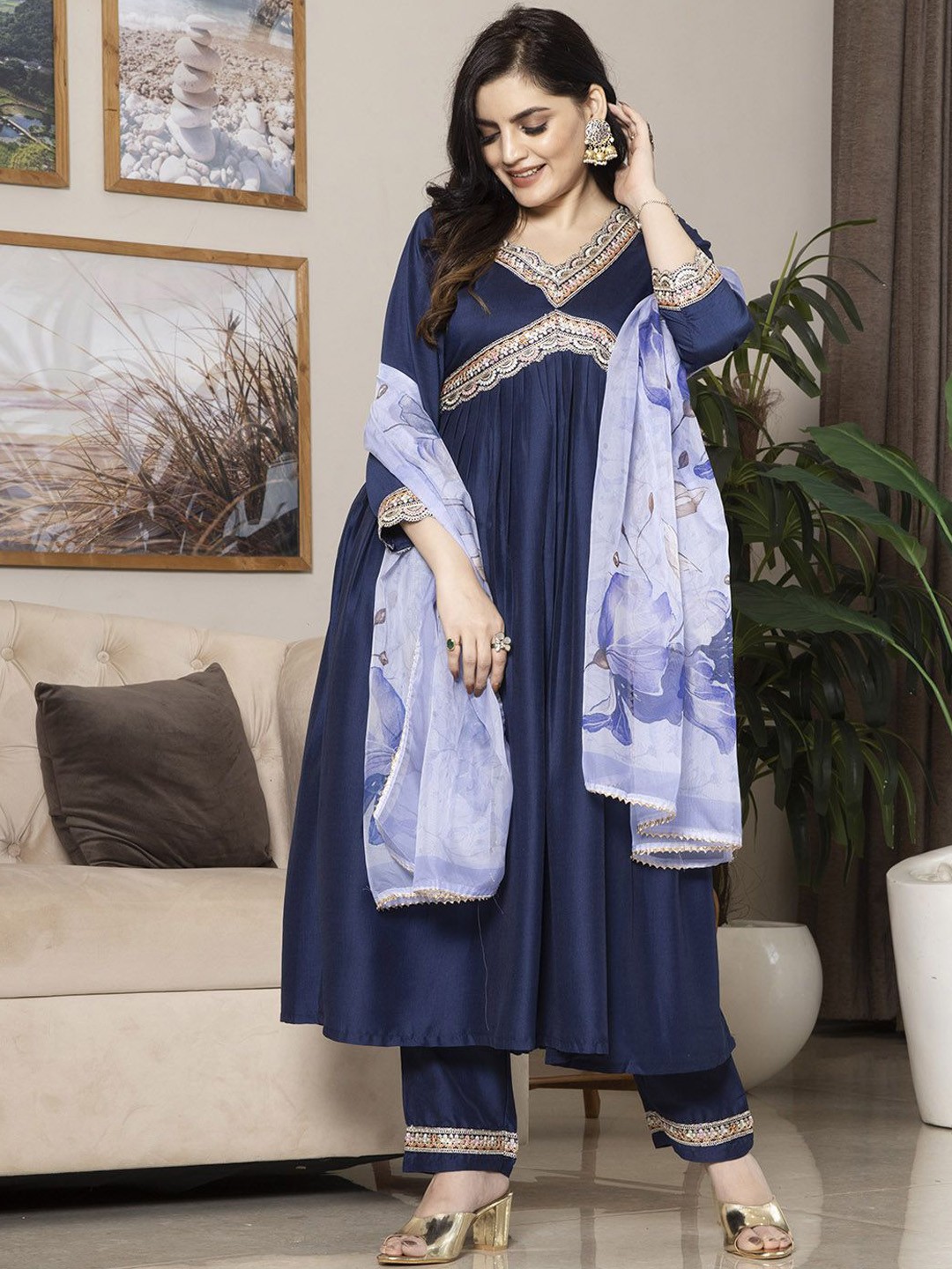 

Krimmple Embroidered Regular Sequinned Chinon A-Line Kurta with Trousers & Dupatta, Navy blue