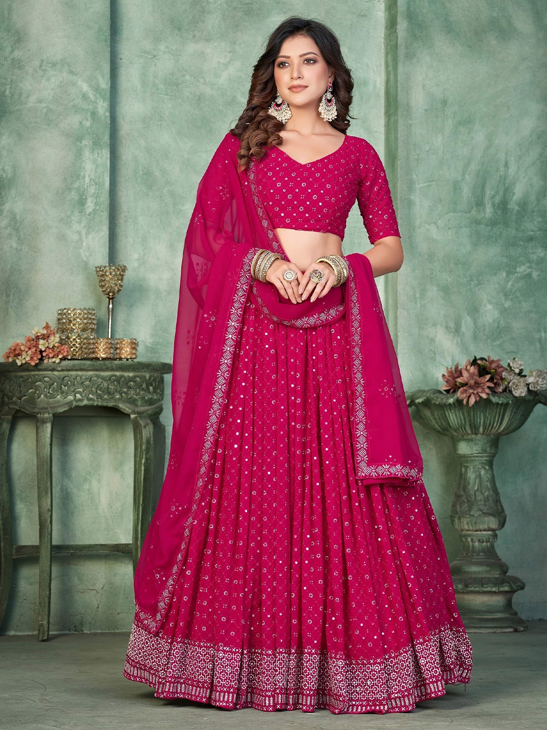 

Warthy Ent Embroidered Thread Work Semi-Stitched Lehenga & Unstitched Blouse With Dupatta, Pink