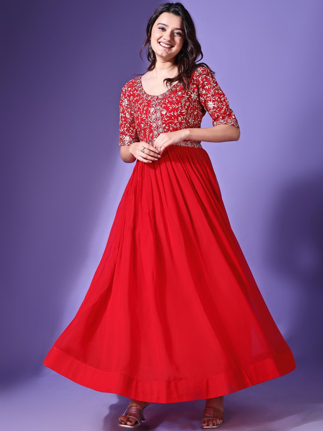 

Ethnic Yard Women Embroidered Fit & Flare Ethnic Dress, Red
