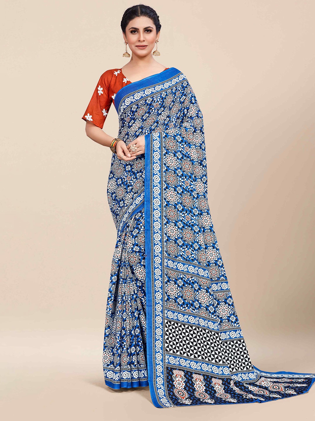 

HERE&NOW Ethnic Motifs Printed Pure Cotton Saree, Blue