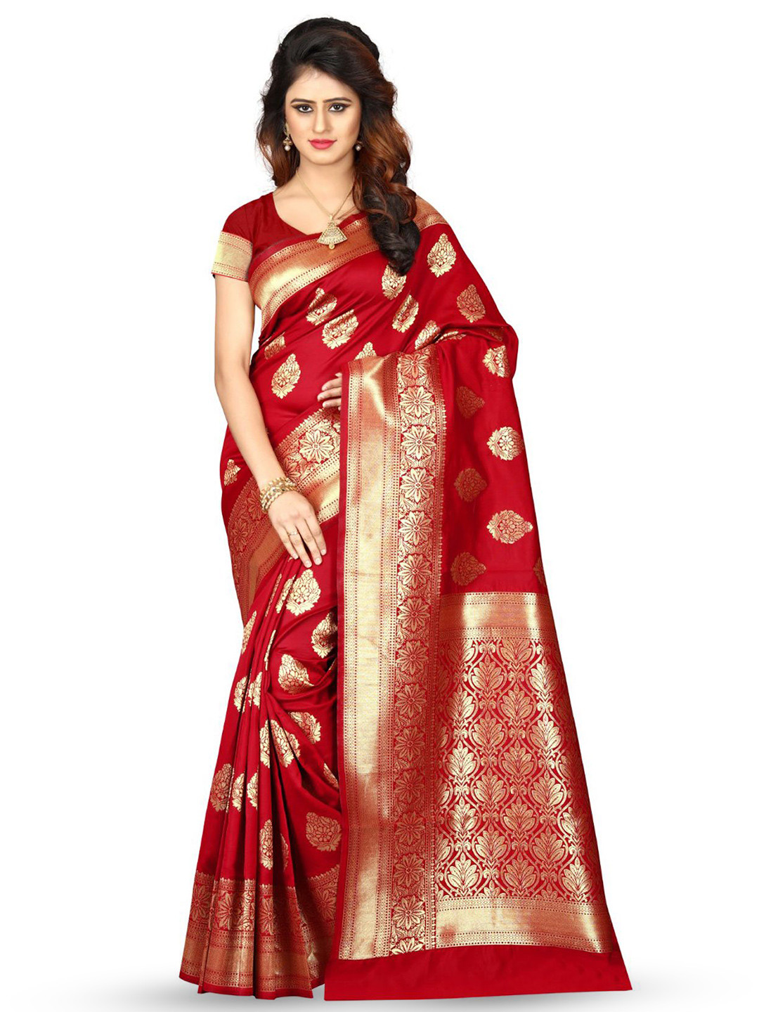 

KALINI Woven Design Zari Silk Blend Kanjeevaram Saree, Red