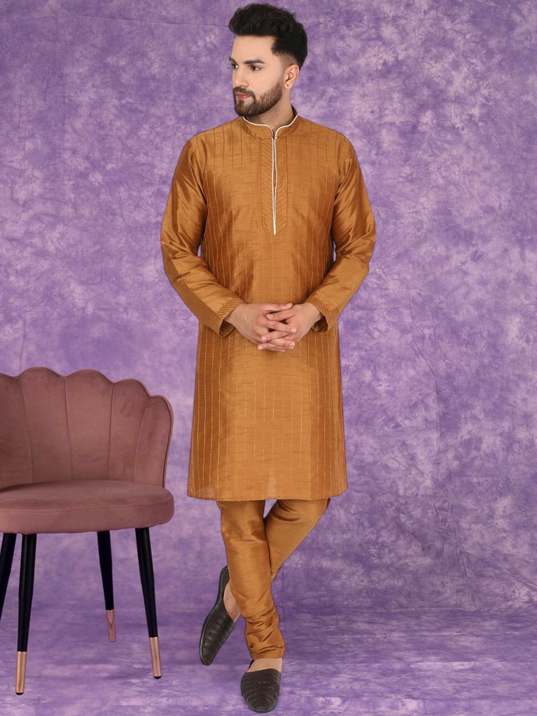 

SKAVIJ Striped Embroidered Mandarin Collar Thread Work Straight Kurta With Pyjamas, Brown