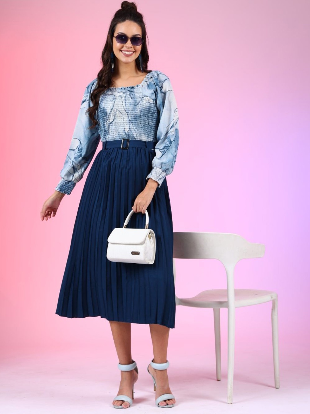 

Femvy Print Crepe Fit & Flare Dress, Blue