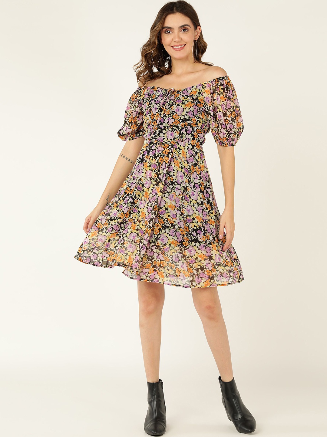 

DODO & MOA Floral Print Off-Shoulder Puff Sleeve Georgette Fit & Flare Dress, Multi