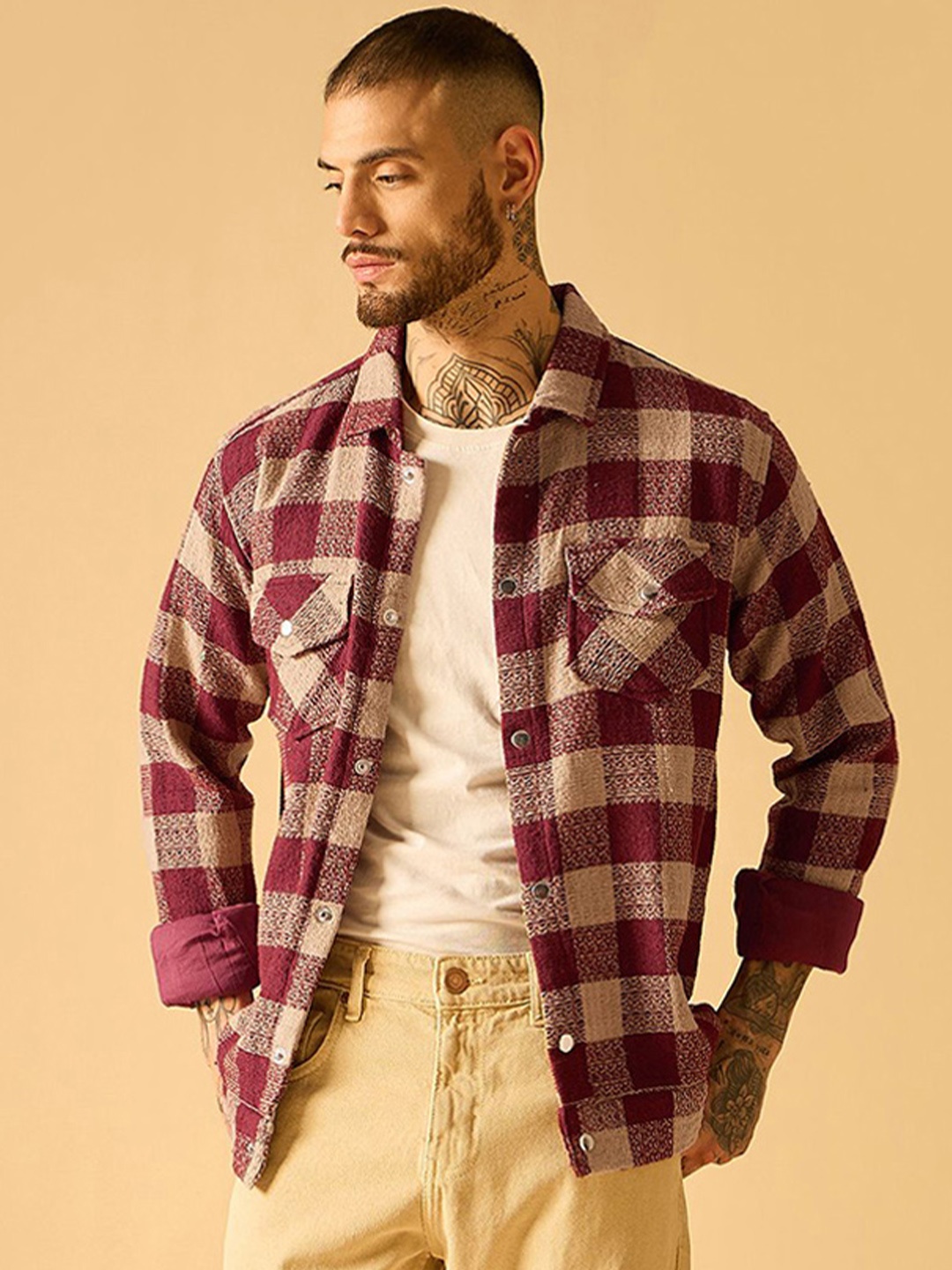 

AKS Men Checked Open Front Jacket, Maroon