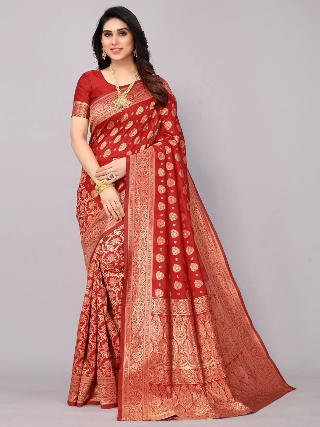 

KALINI Woven Design Zari Silk Blend Kanjeevaram Saree, Red