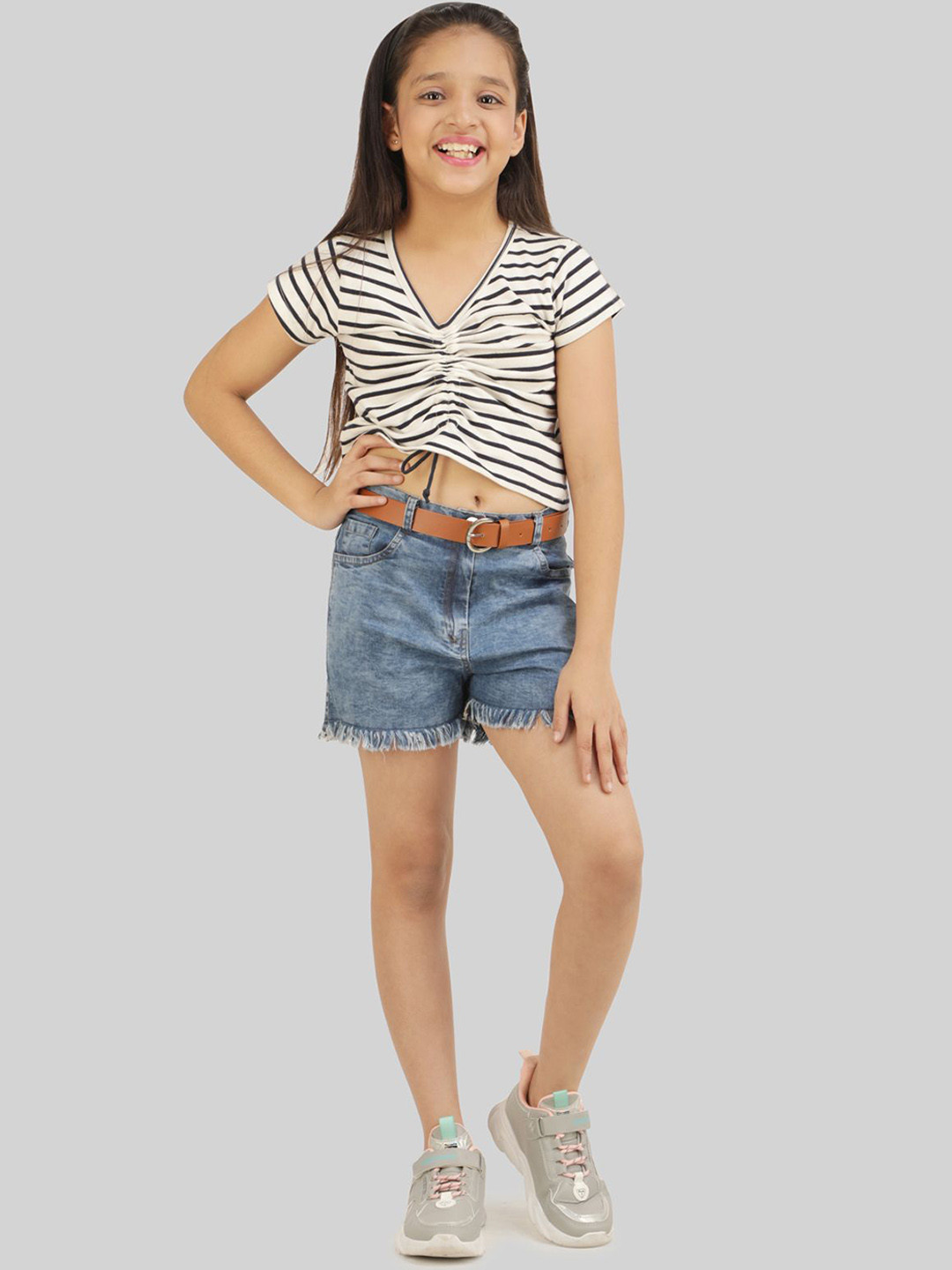 

BEING NAUGHTY Girls Striped V-Neck Short Sleeves Pure Cotton Top With Shorts, White