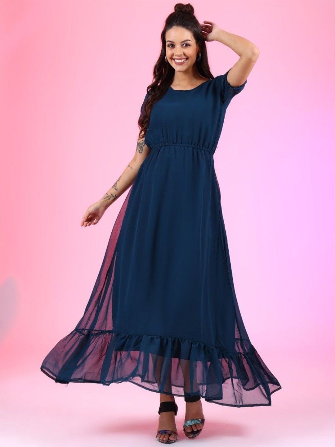 

Femvy Georgette Fit & Flare Maxi Dress, Blue