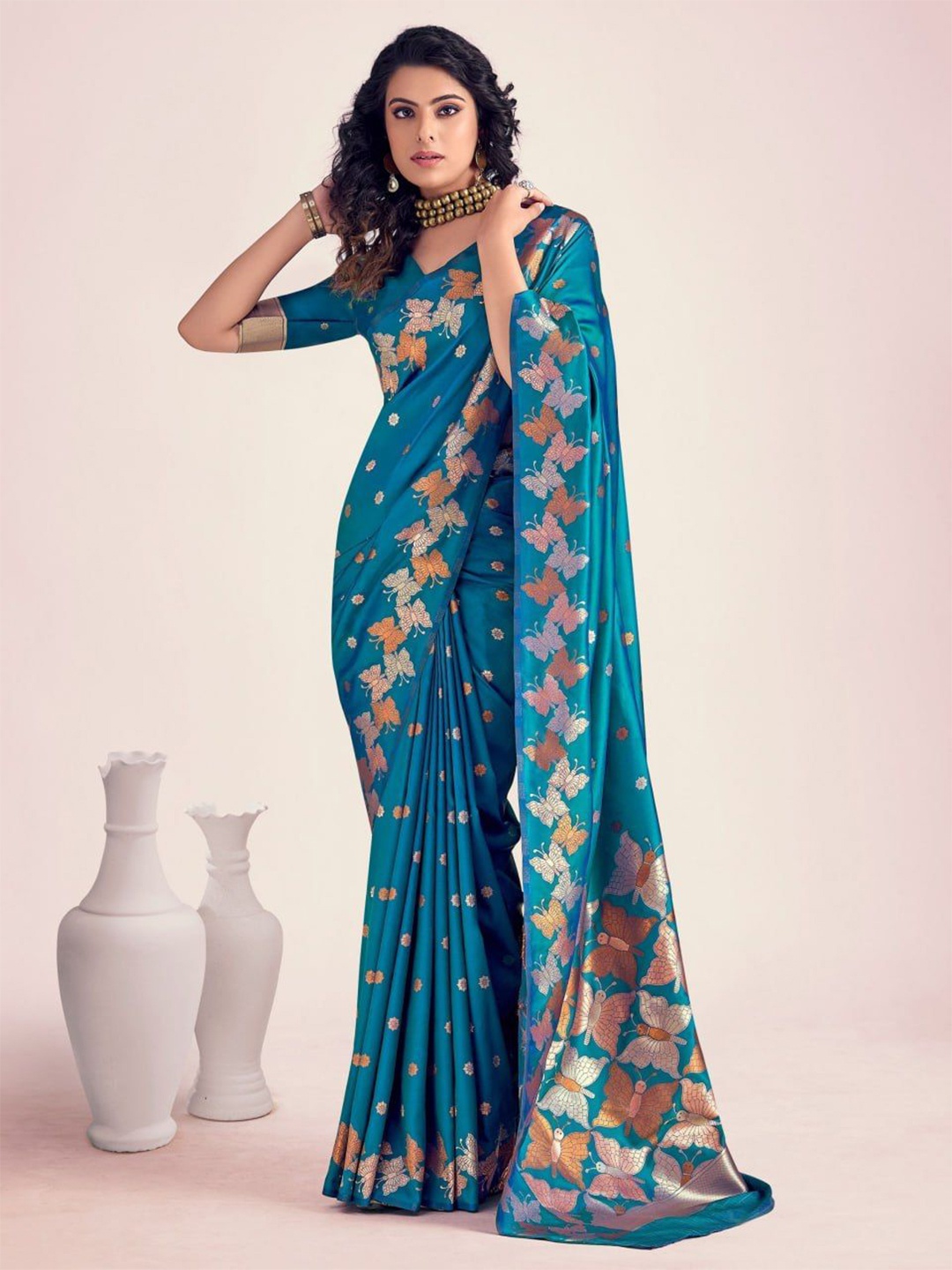 

KALINI Woven Design Zari Silk Blend Banarasi Saree, Blue