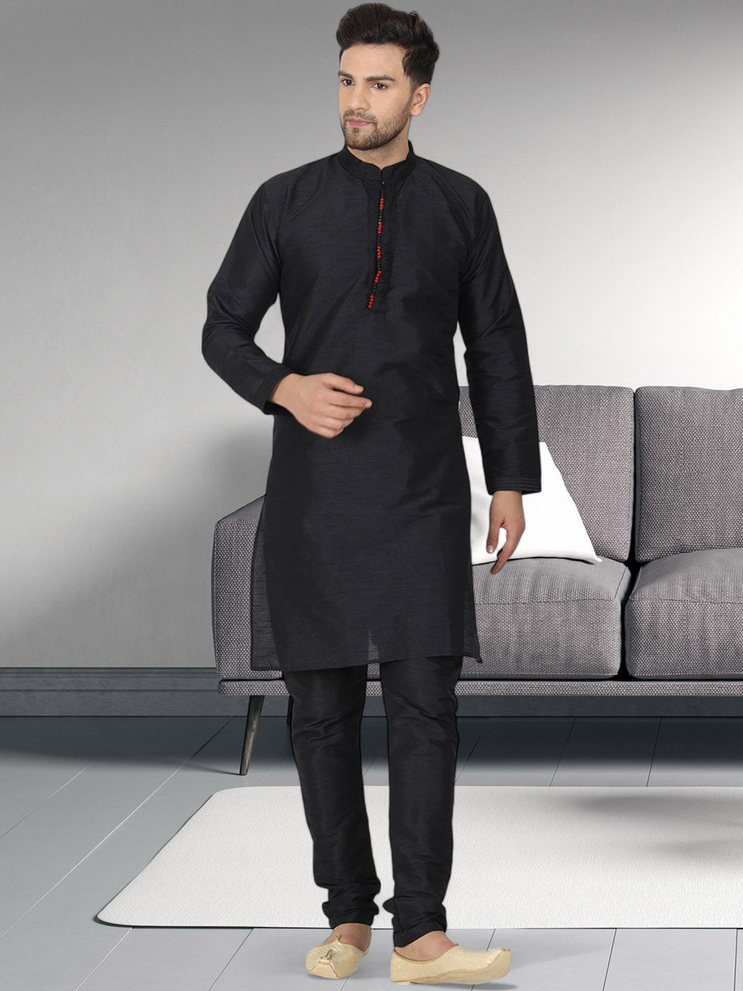 

SKAVIJ Striped Woven Design Mandarin Collar Straight Kurta With Pyjamas, Black