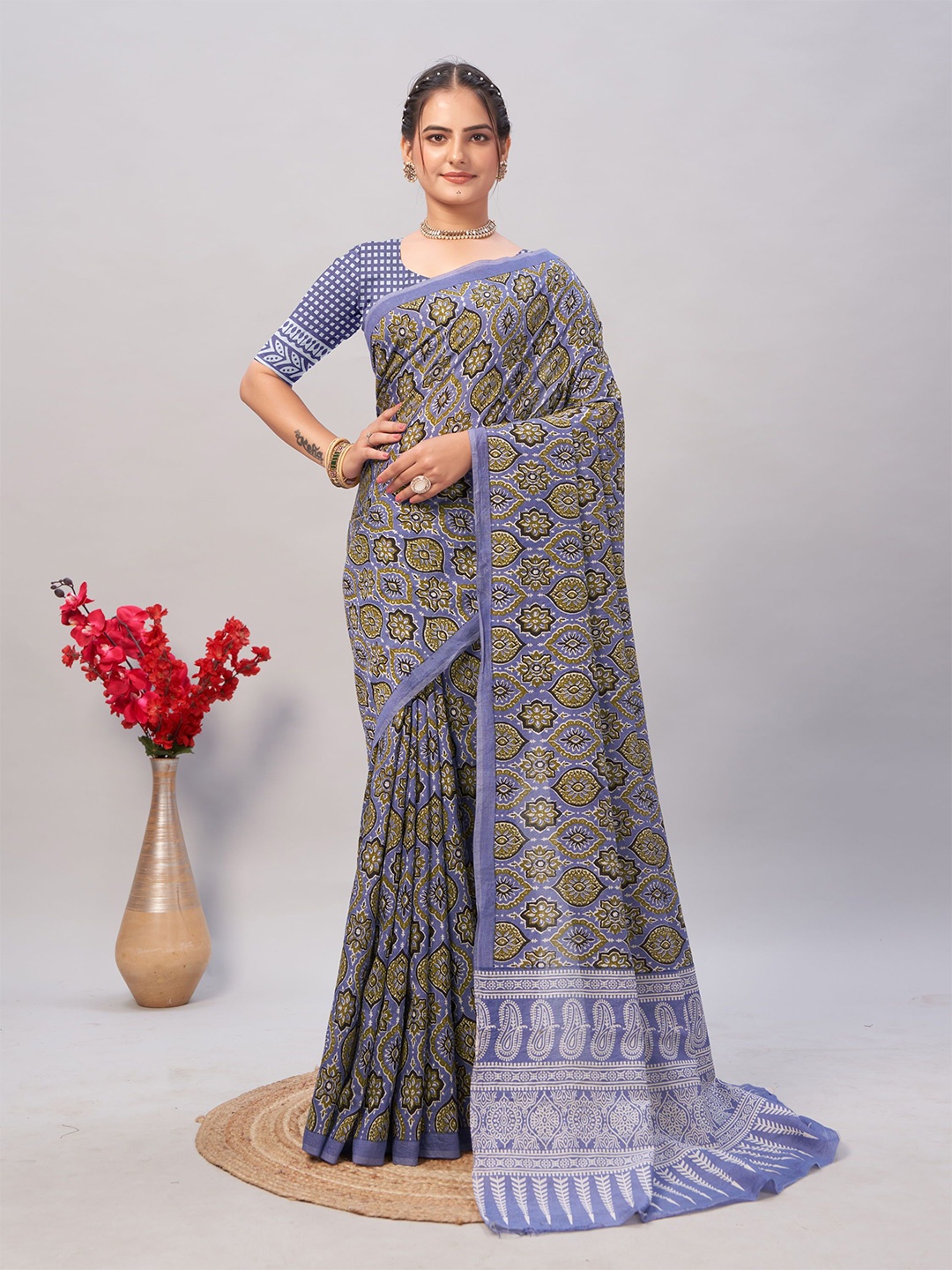 

KAYOMMI Ajrak Block Pure Cotton Saree, Blue