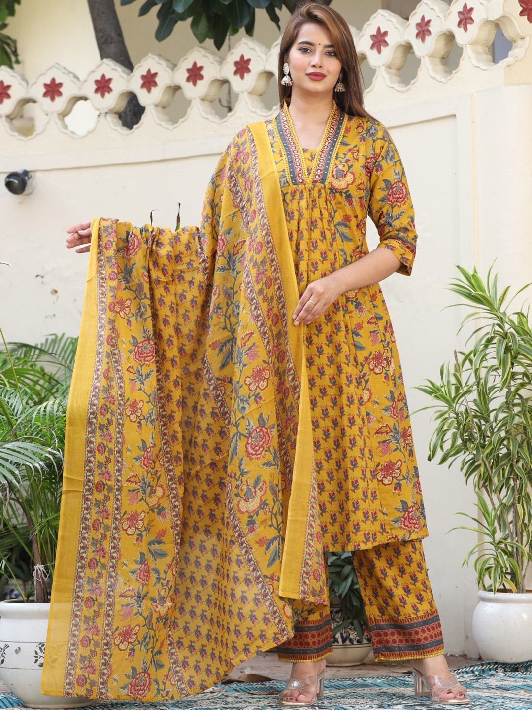 

KALINI Women Floral Printed Regular Pure Cotton Kurta with Trousers & With Dupatta, Mustard