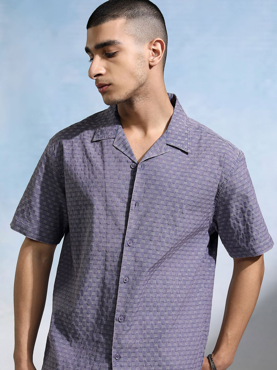 

HIGHLANDER Men Sulphur Washed Cuban Collar Relaxed Shirt, Blue