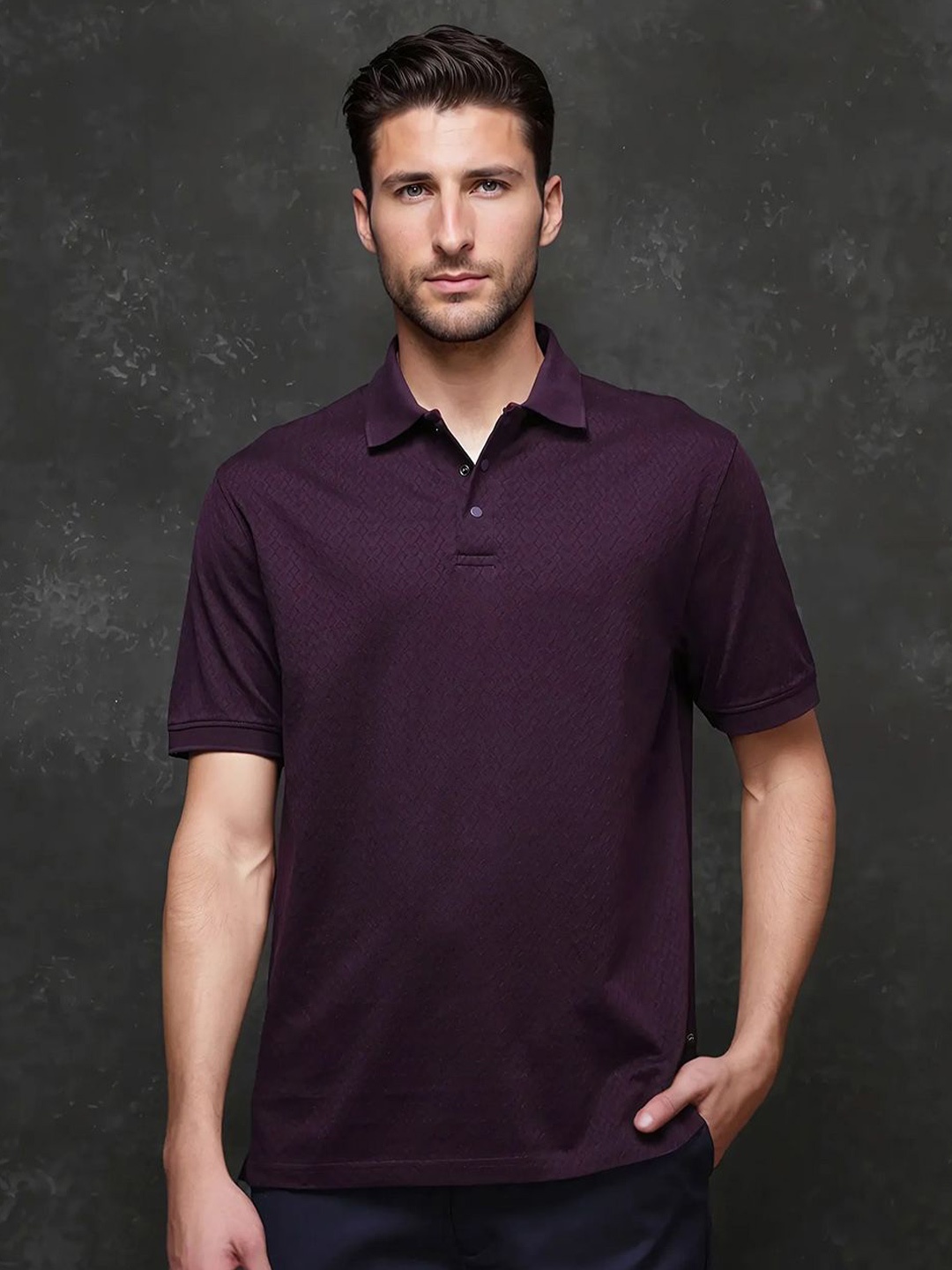 

RARE RABBIT Men Printed Polo Collar Raw Edge T-shirt, Purple