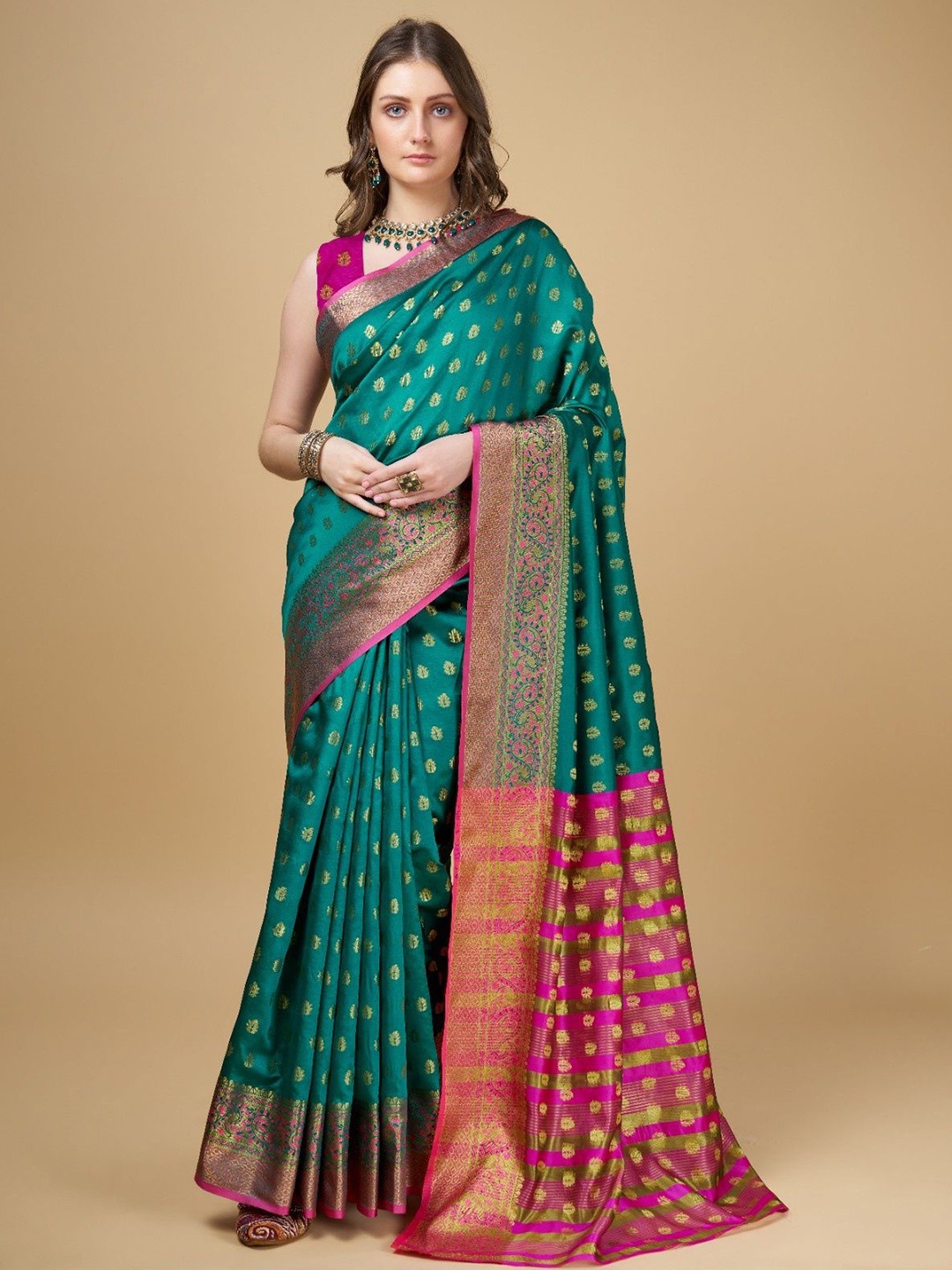 

KALINI Woven Design Zari Silk Blend Kanjeevaram Saree, Teal