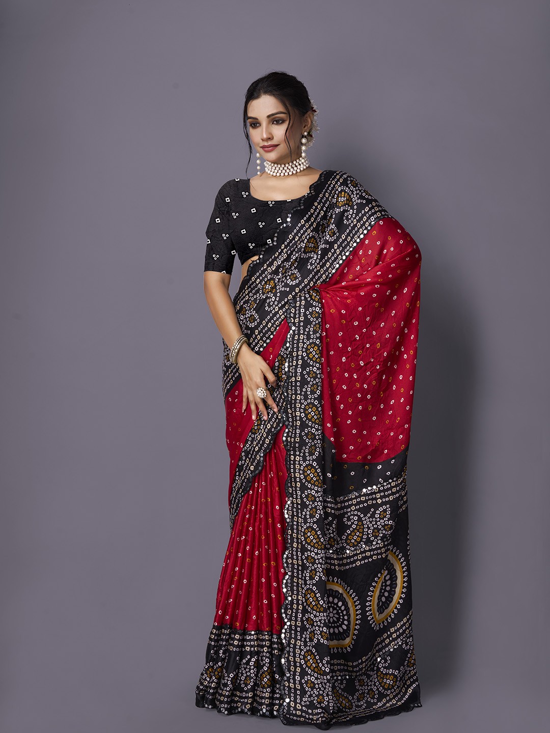 

A.V.M Prints Bandhani Printed Embellished Mirror Work Saree, Red