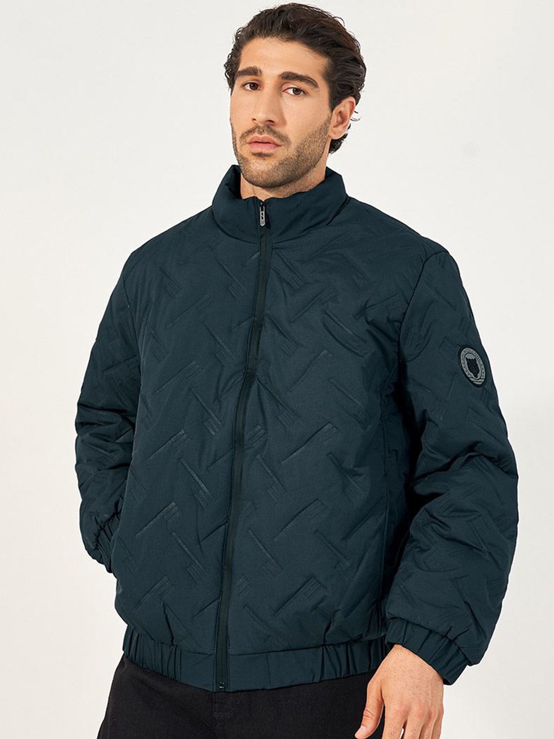 

Styli Men High Neck Chevron Quilted Jacket, Blue