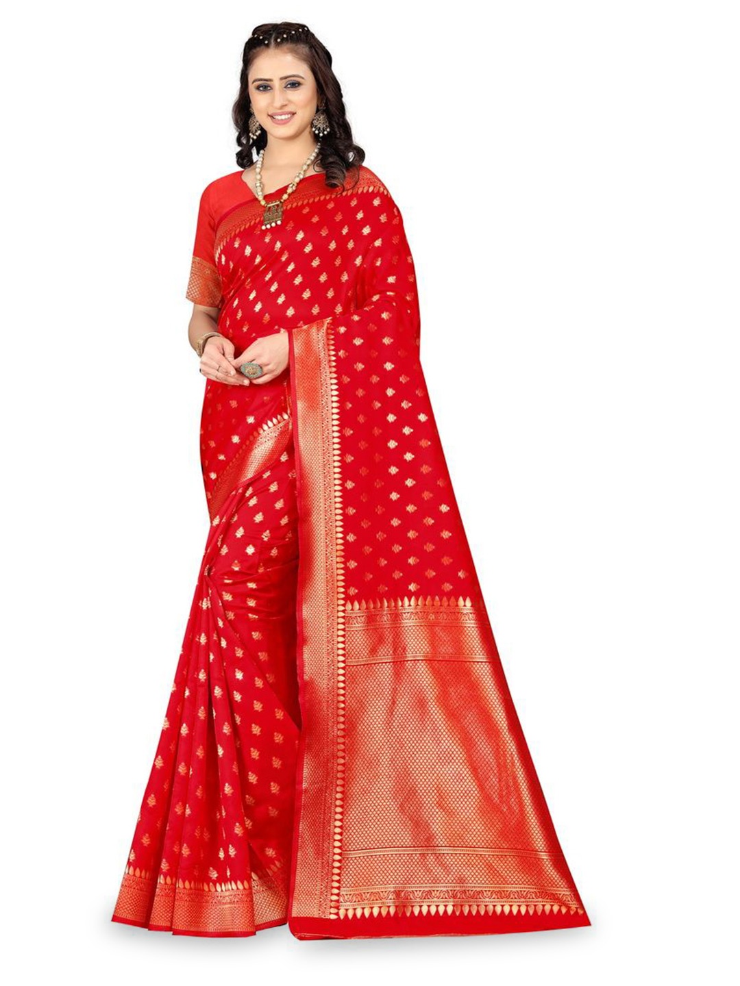 

KALINI Woven Design Zari Silk Blend Kanjeevaram Saree, Red