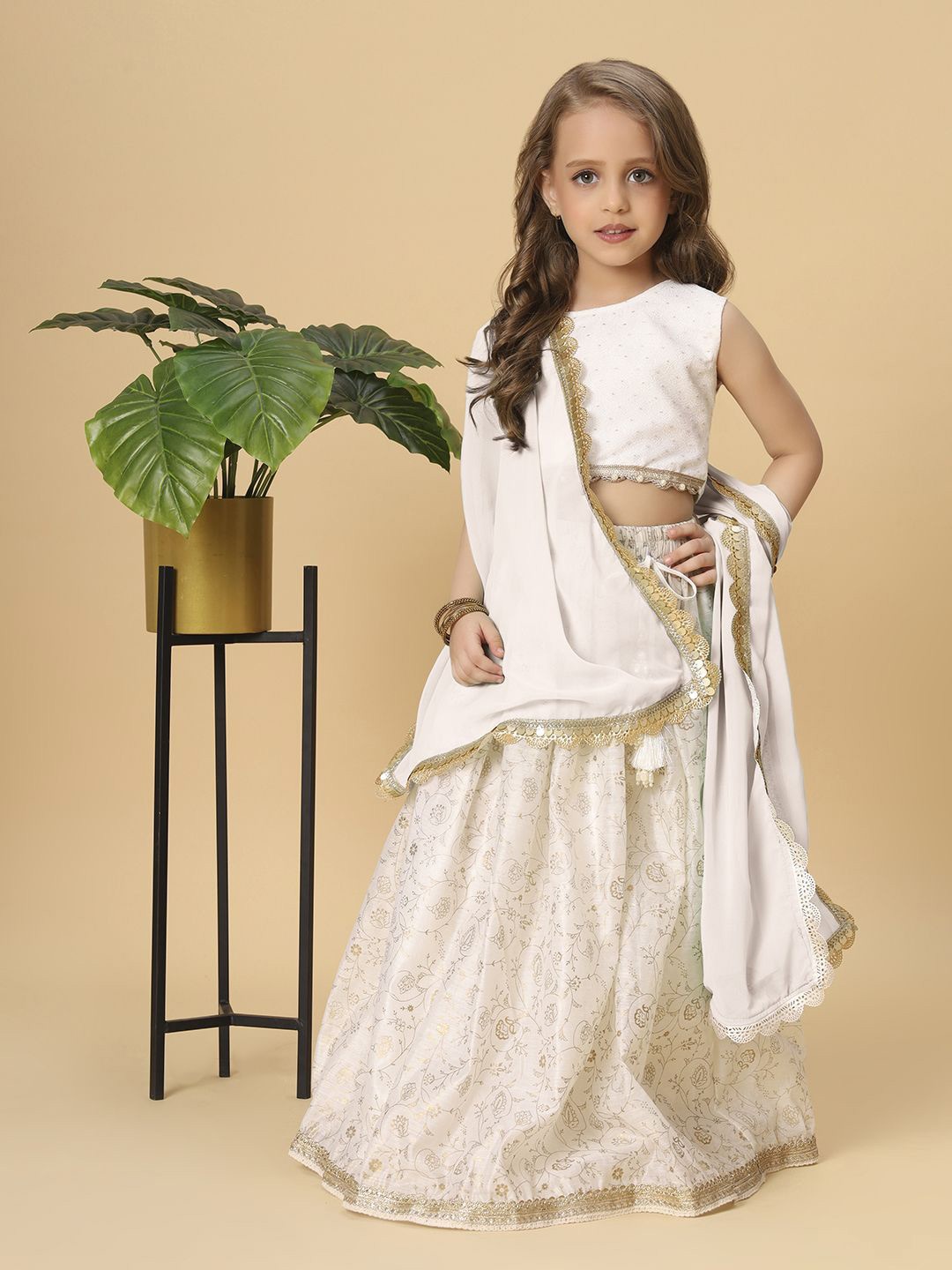 

CORD OF LOVE Girls Ready to Wear Lehenga & Blouse With Dupatta, Off white