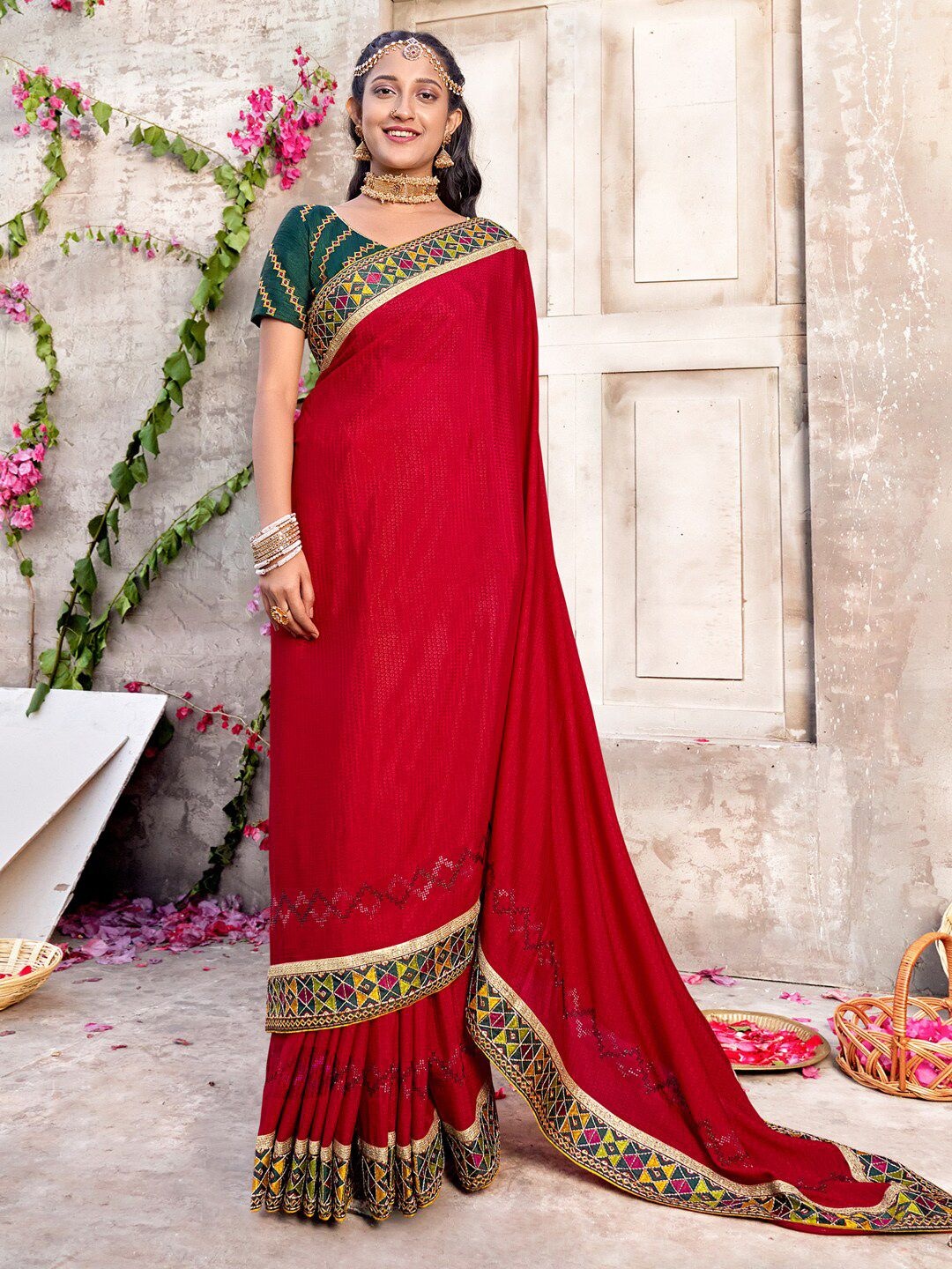 

A.V.M Prints Embroidered Pure Silk Saree, Red