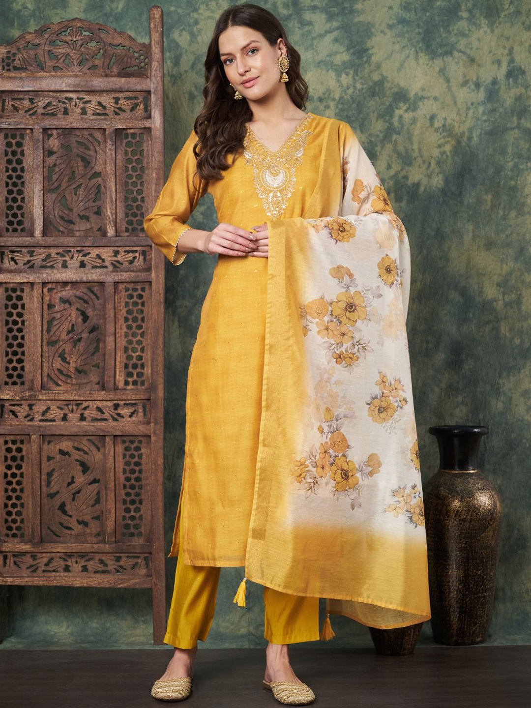 

Label Khoj Women Ethnic Motifs Embroidered Regular Sequinned Chanderi Cotton Kurta with Trousers & With, Mustard