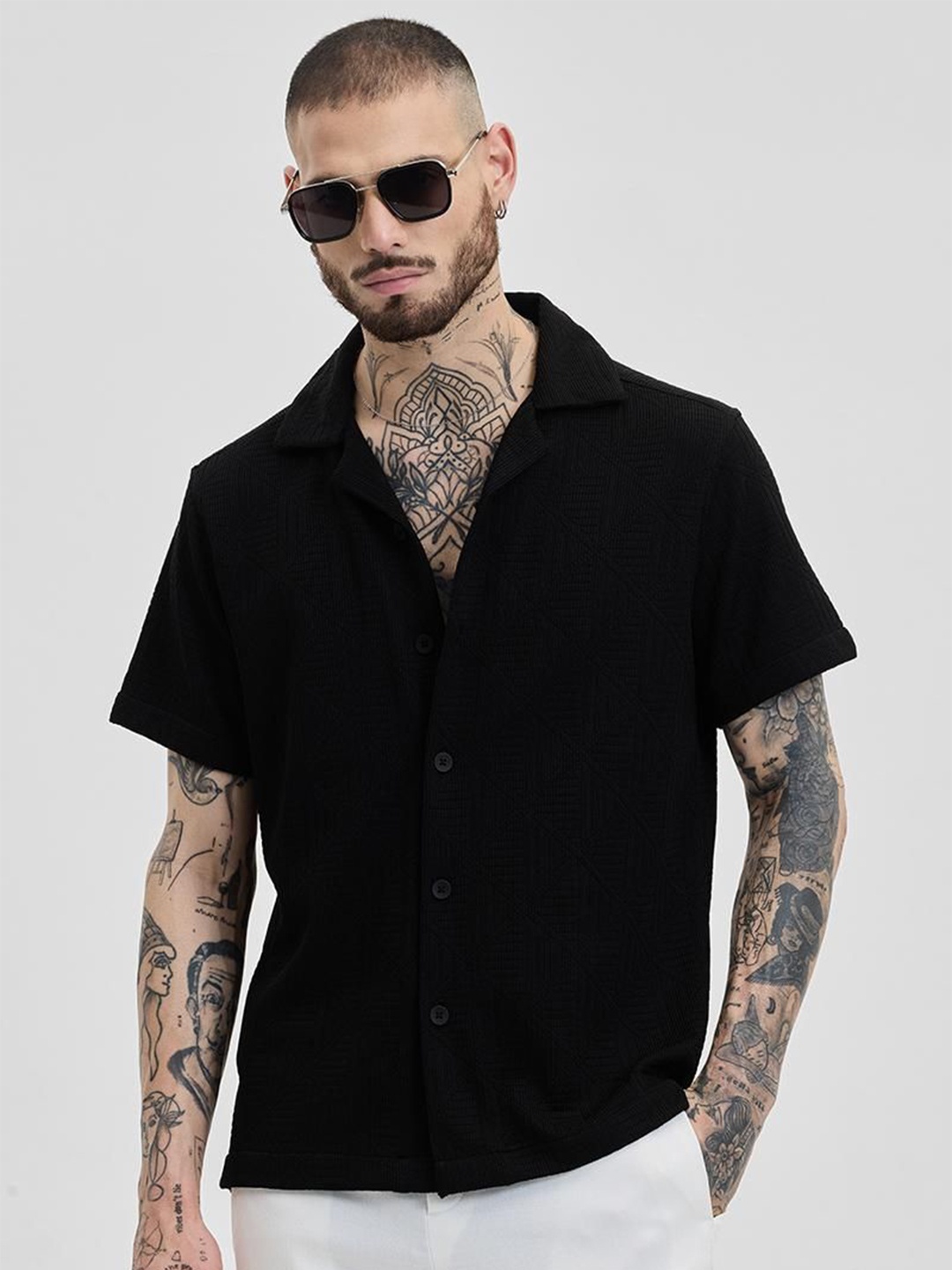 

Snitch Men Relaxed Boxy Opaque Casual Shirt, Black