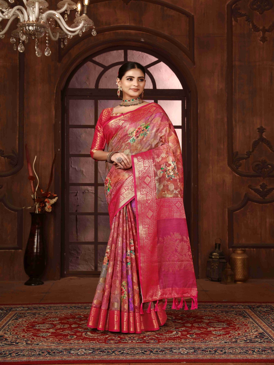 

A.V.M Prints Woven Design Floral Mysore Silk Saree, Pink