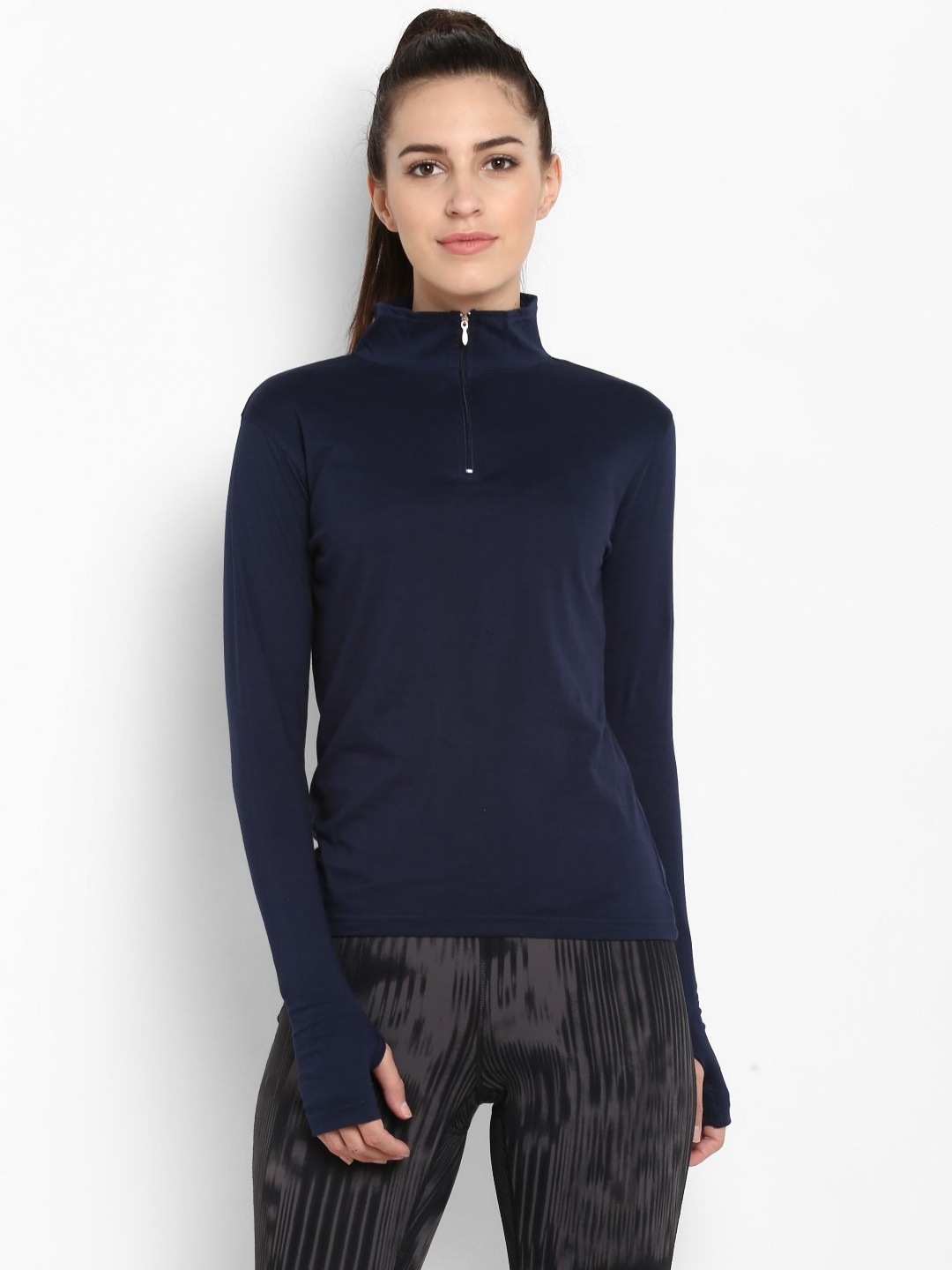 

appulse Women High Neck Pockets Slim Fit T-shirt, Navy blue