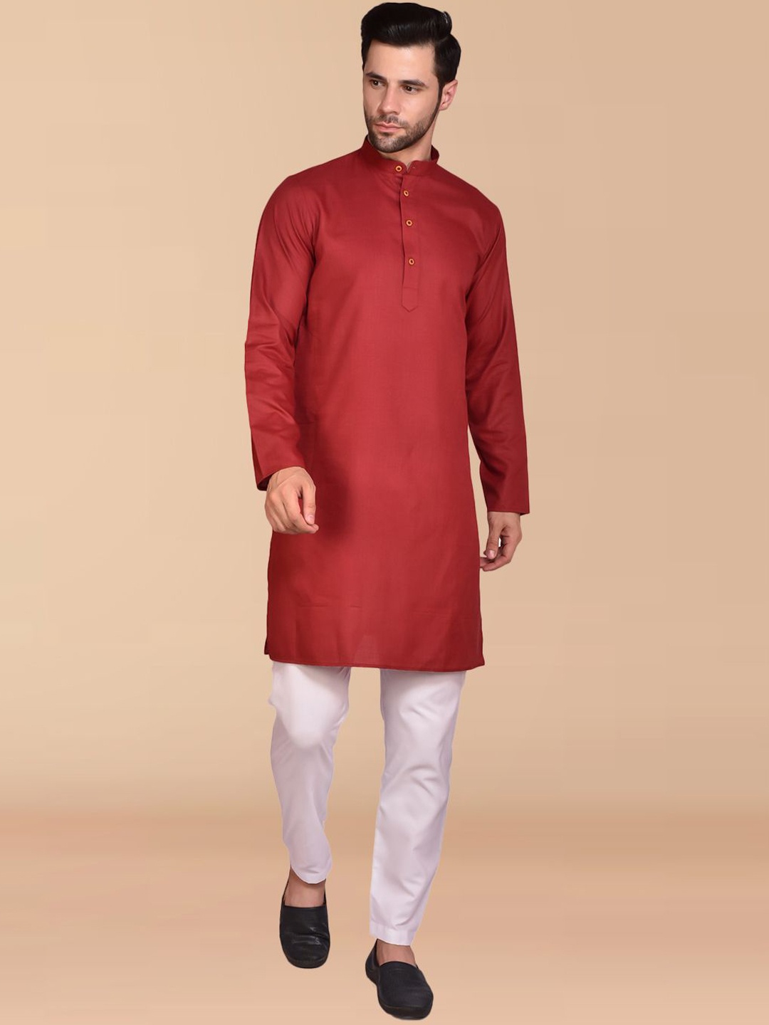 

BOWLIFESTYLE Band Collar Pure Cotton Straight Kurta with Trousers, Maroon