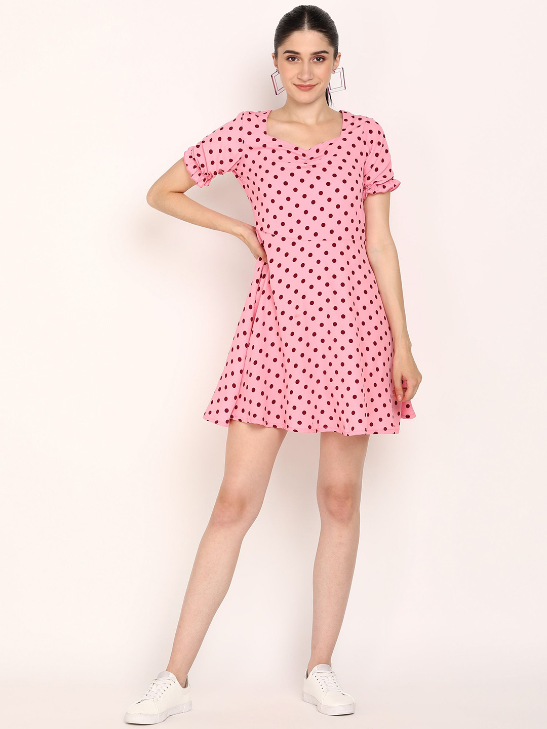 

DODO & MOA Polka Dot Print Georgette Fit & Flare Dress, Pink