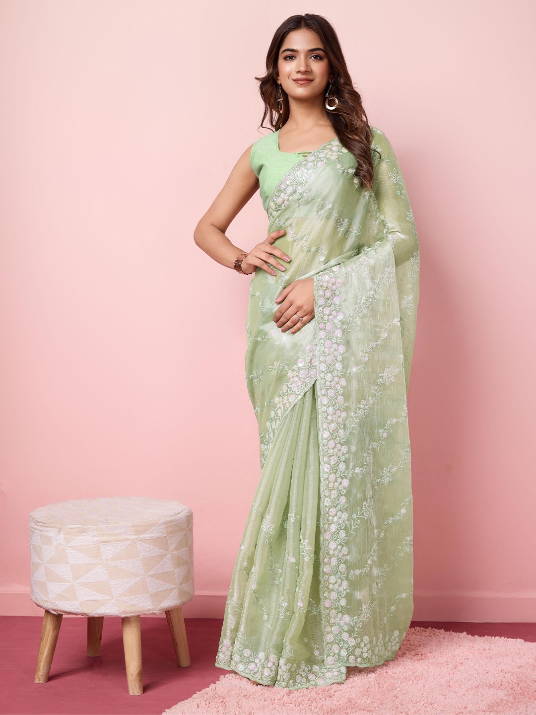 

HERE&NOW Floral Printed Sequinned Saree, Olive