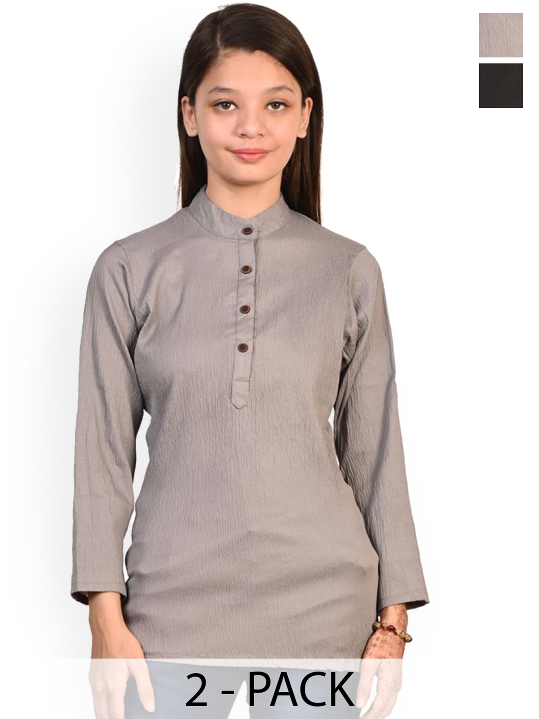 

BAESD Girls Selection Of 2 Band Collar Crepe Straight Kurtis, Grey