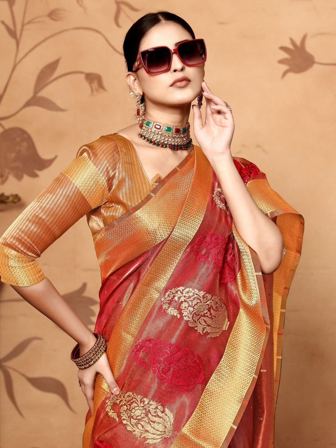

A.V.M Prints Woven Design Zari Maheshwari Saree, Red