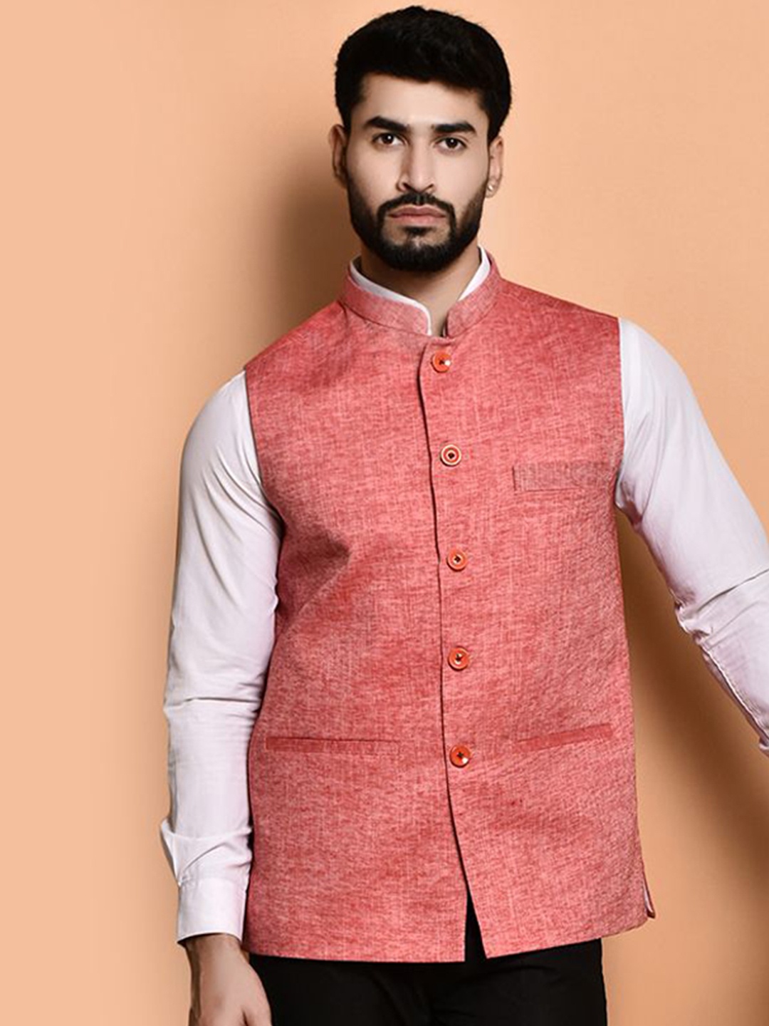 

PRINTINDIA Men Woven Design Nehru Jackets, Red