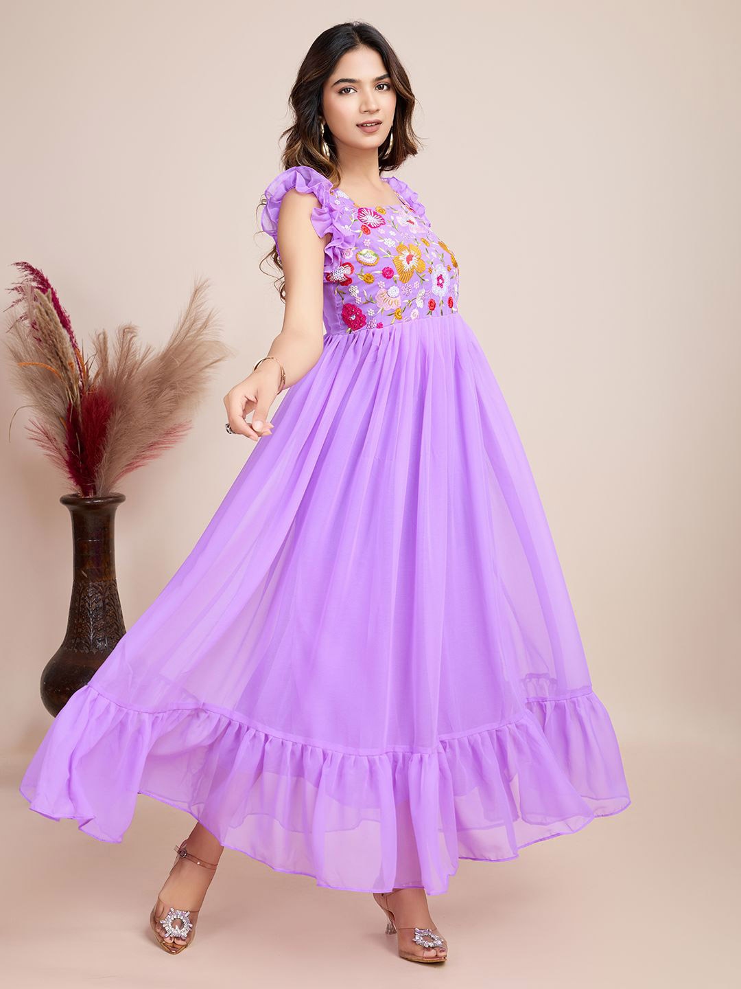 

AKSHARAM Floral Embroidered Georgette Fit & Flare Maxi Dress, Lavender