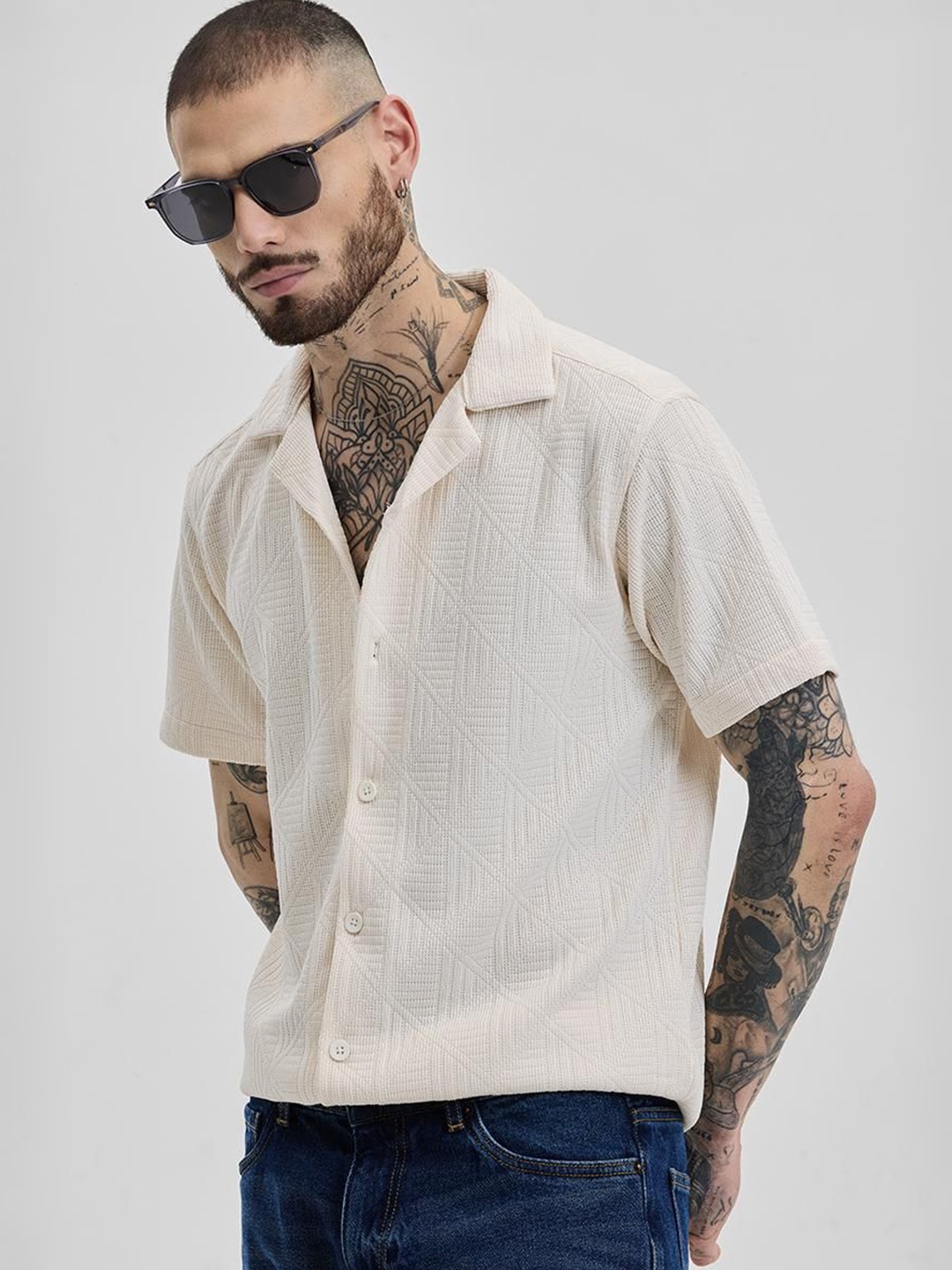 

Snitch Men Relaxed Boxy Opaque Casual Shirt, Cream