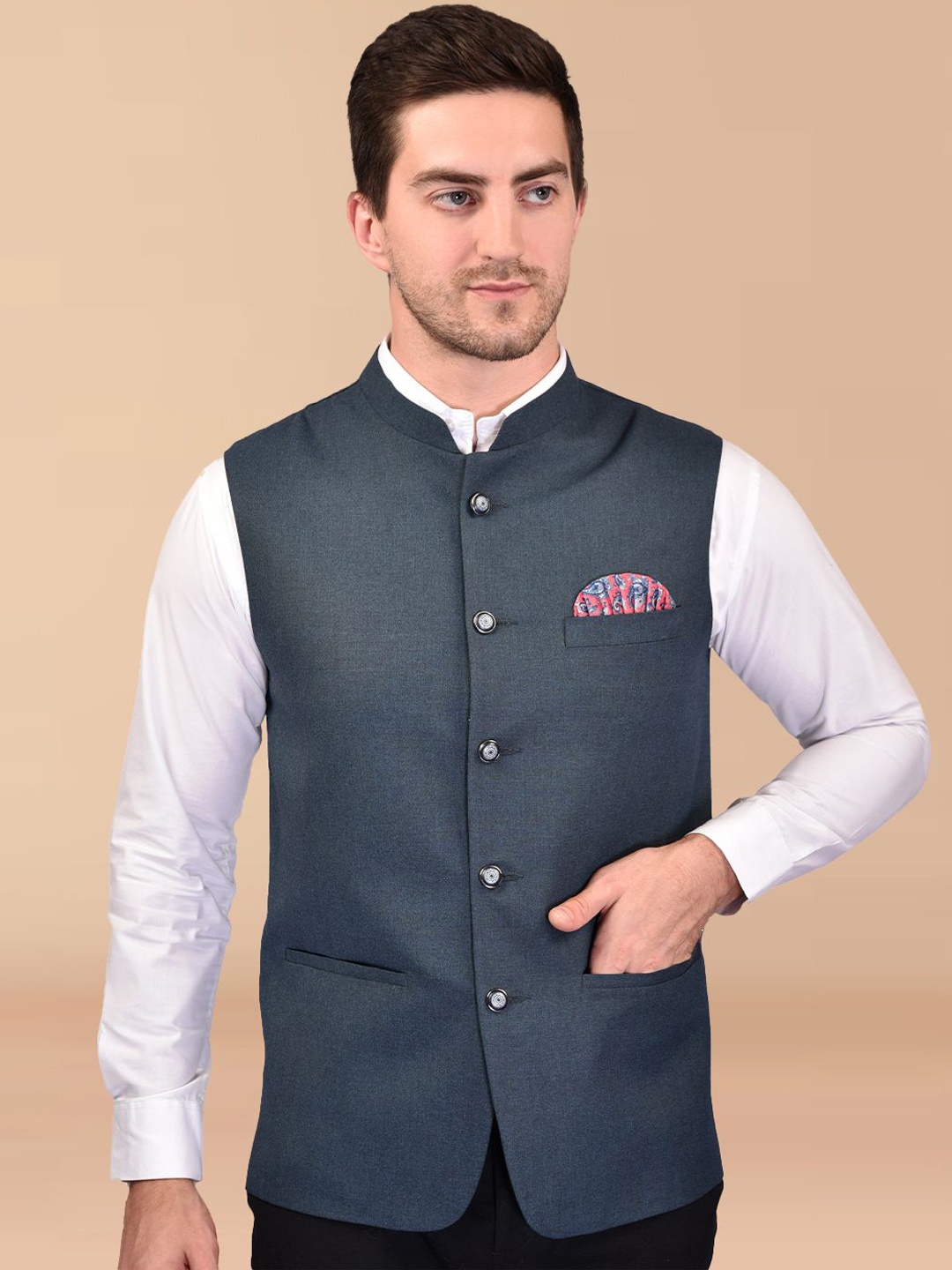 

PRINTINDIA Mandarin Collar Woven Nehru Jacket, Grey
