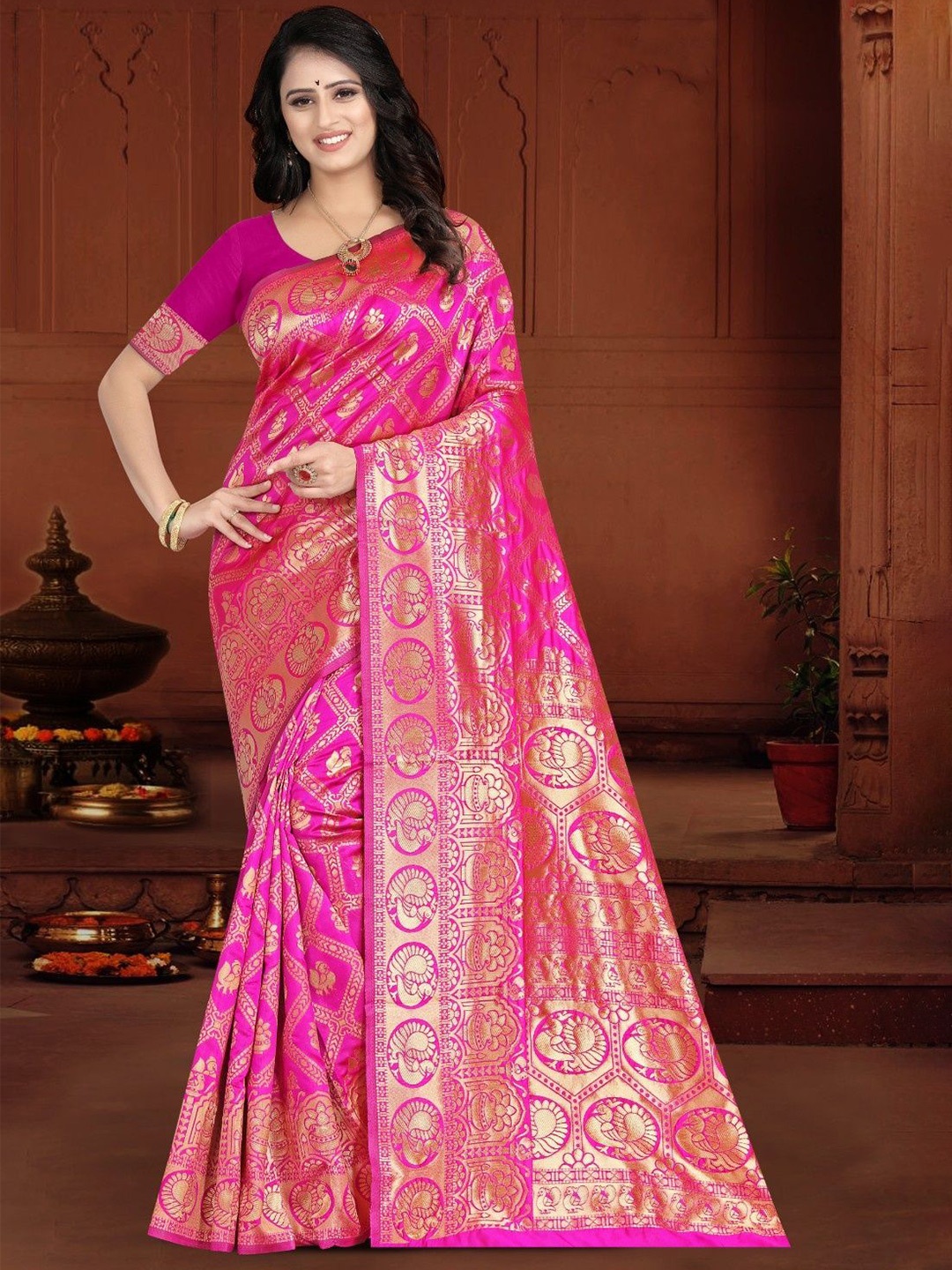 

KALINI Woven Design Zari Silk Blend Kanjeevaram Saree, Pink