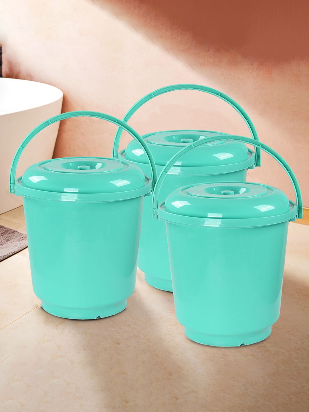 

Kuber Industries Green 3 Pieces Buckets With Lids 18 L Each